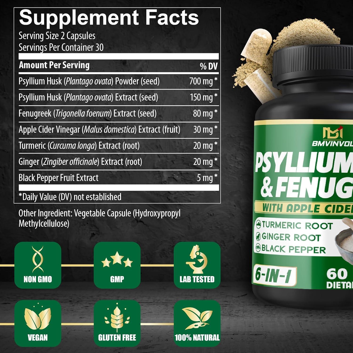 Suplemento de fibra BMVINVOL con psyllium y fenogreco - 60 cápsulas