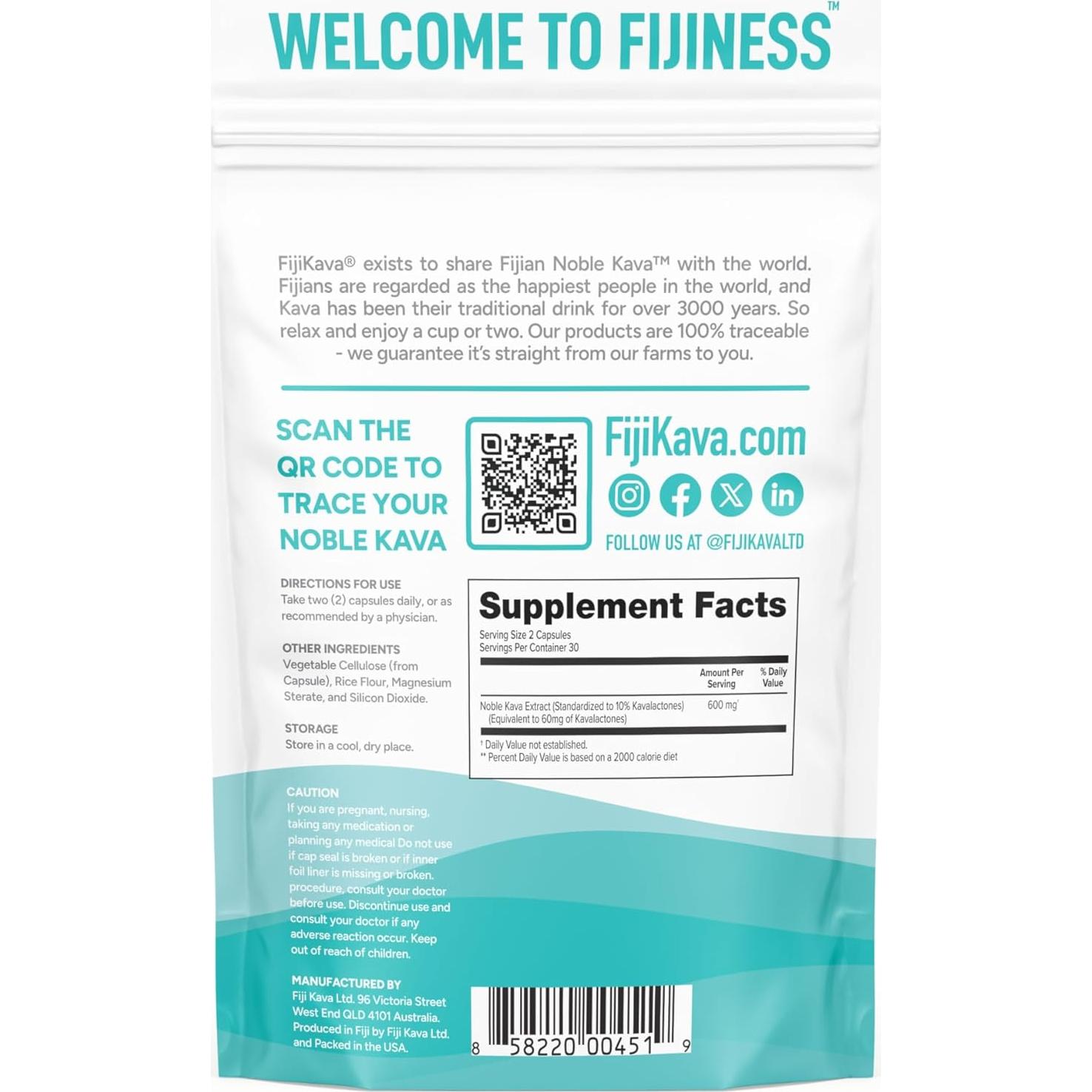 Cápsulas de Kava Kava FijiKava 600mg Veganas 60 Unidades