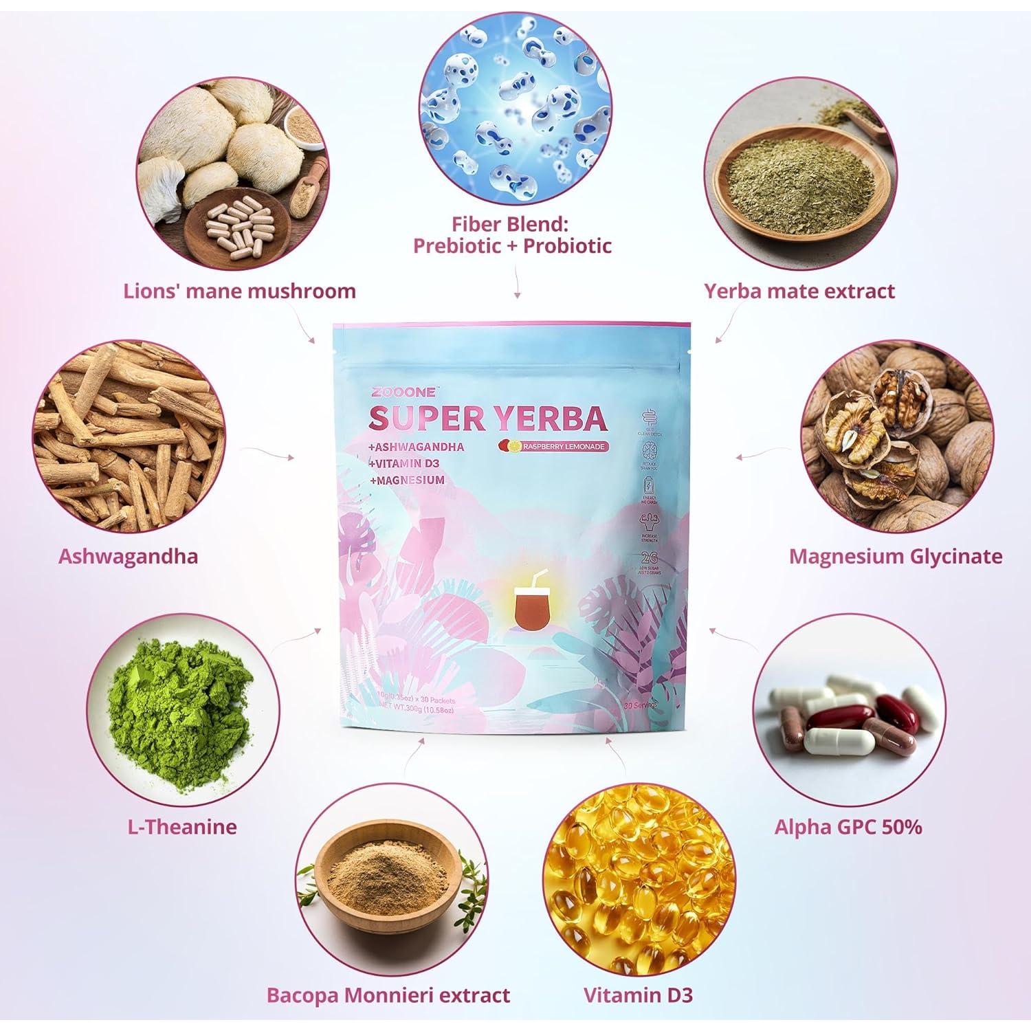 Super Yerba Mate en Polvo Zooone 30 Paquetes Sabor Frambuesa-Limón