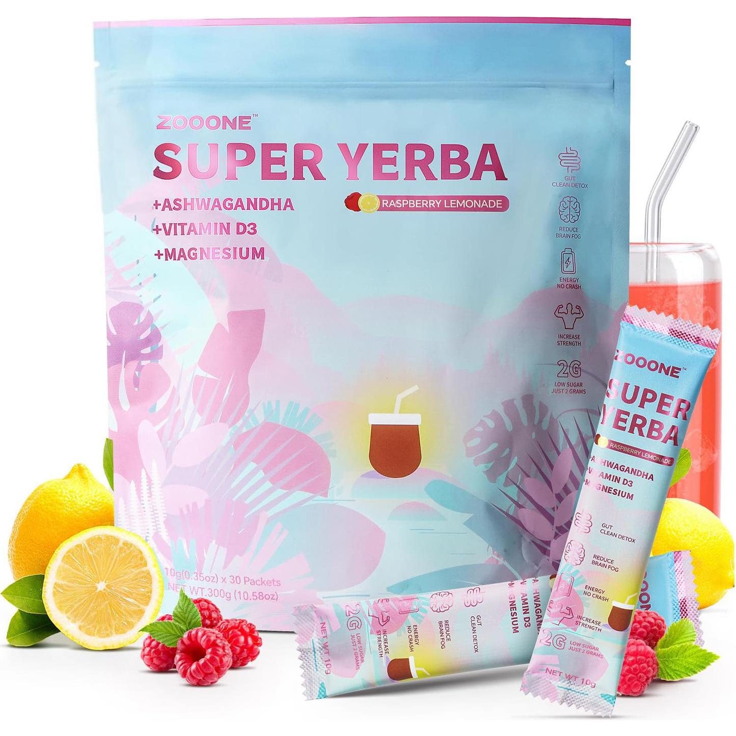 Super Yerba Mate en Polvo Zooone 30 Paquetes Sabor Frambuesa-Limón