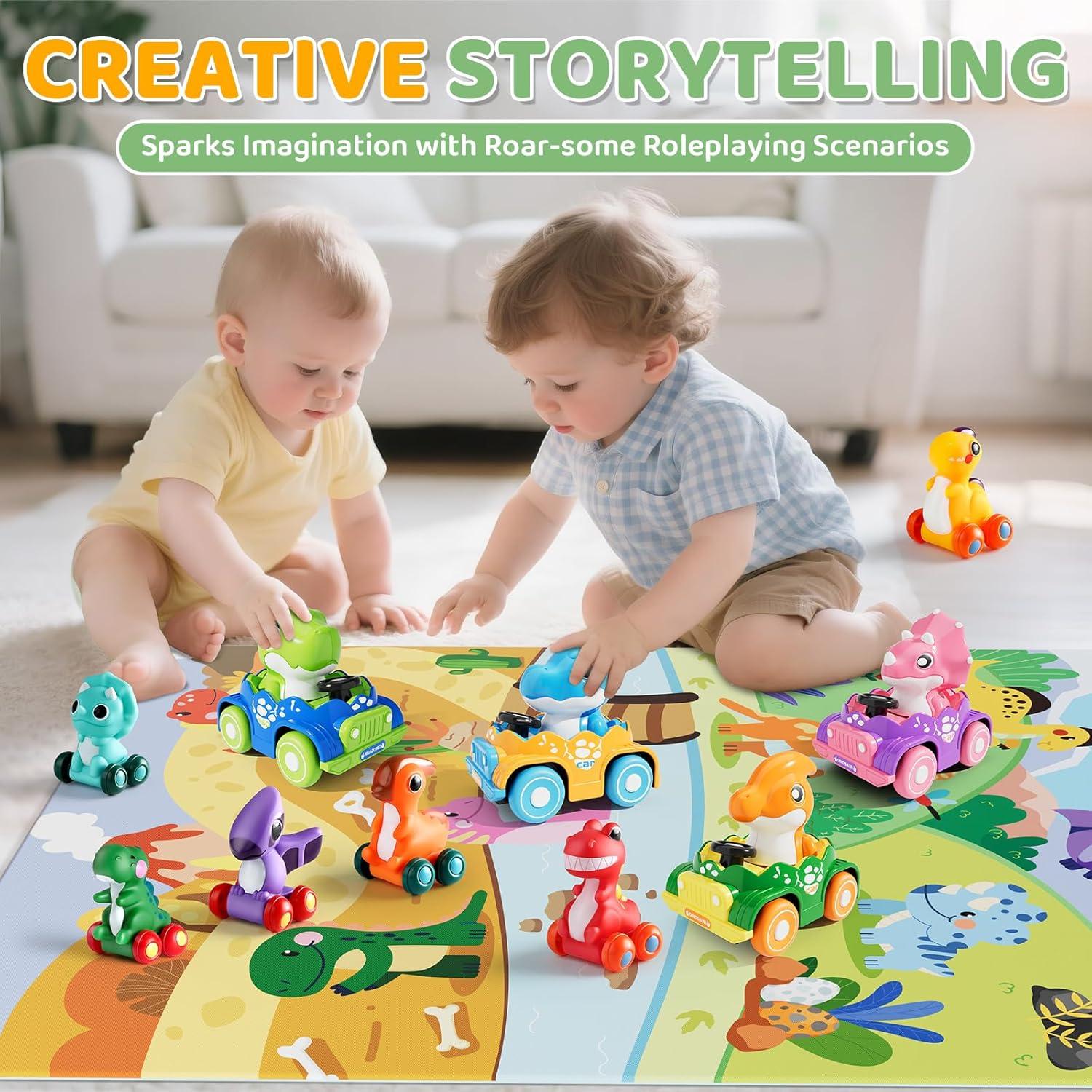 ALASOU Juguetes de Coche de Dinosaurio 10 Piezas con Alfombrilla