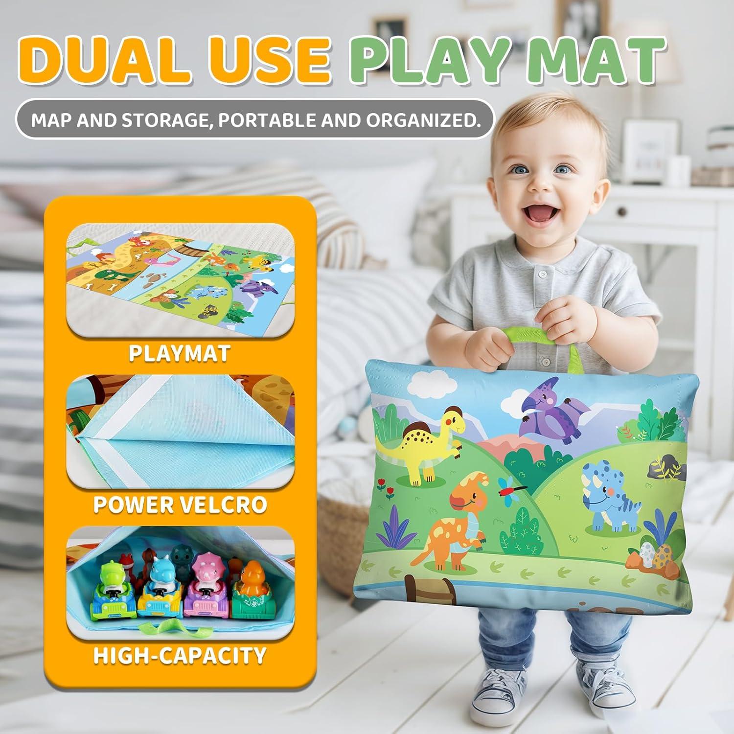 ALASOU Juguetes de Coche de Dinosaurio 10 Piezas con Alfombrilla