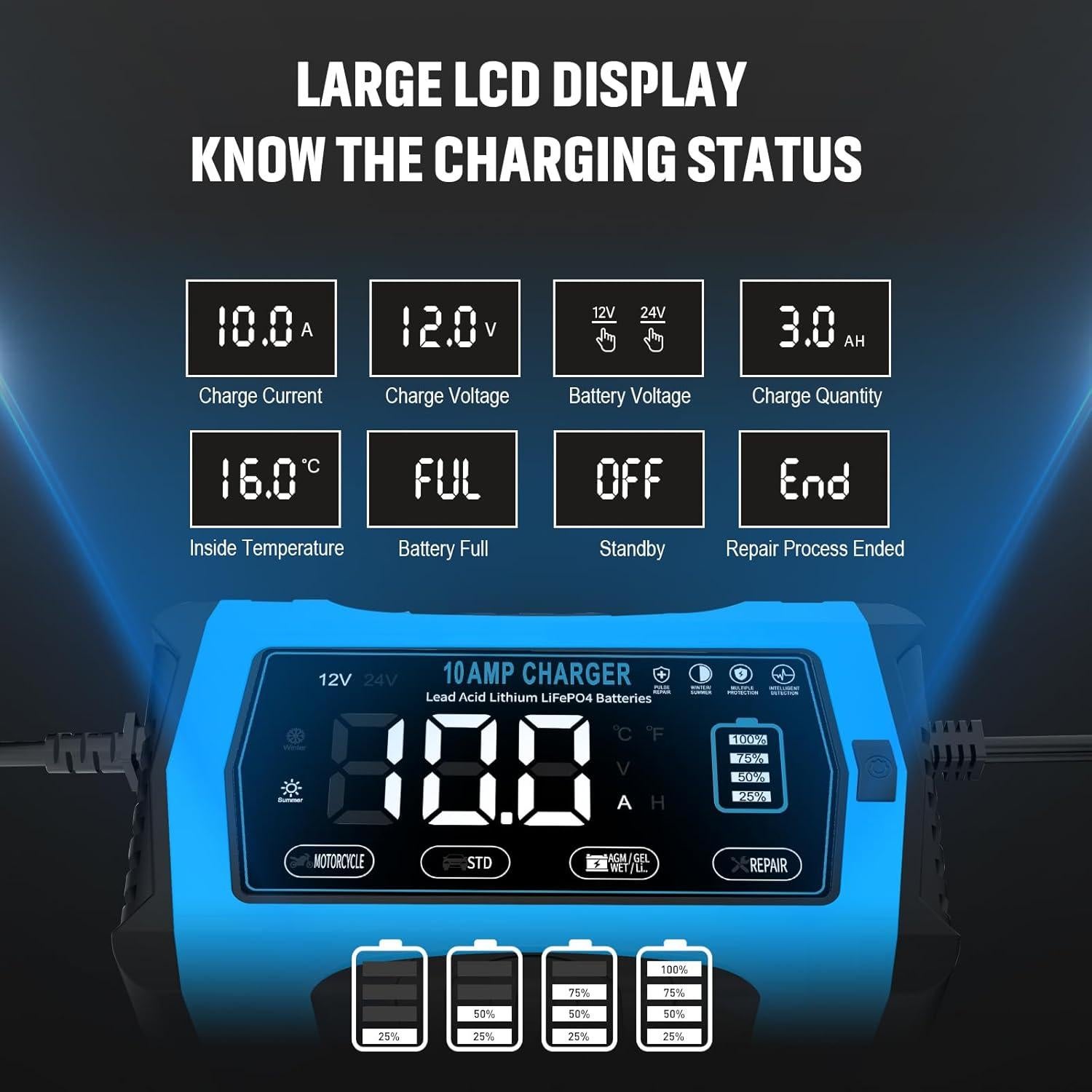 Cargador de Batería Inteligente WPKJ 10A 12V 24V Automático