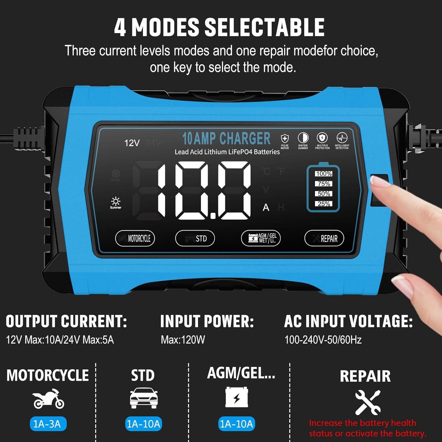 Cargador de Batería Inteligente WPKJ 10A 12V 24V Automático