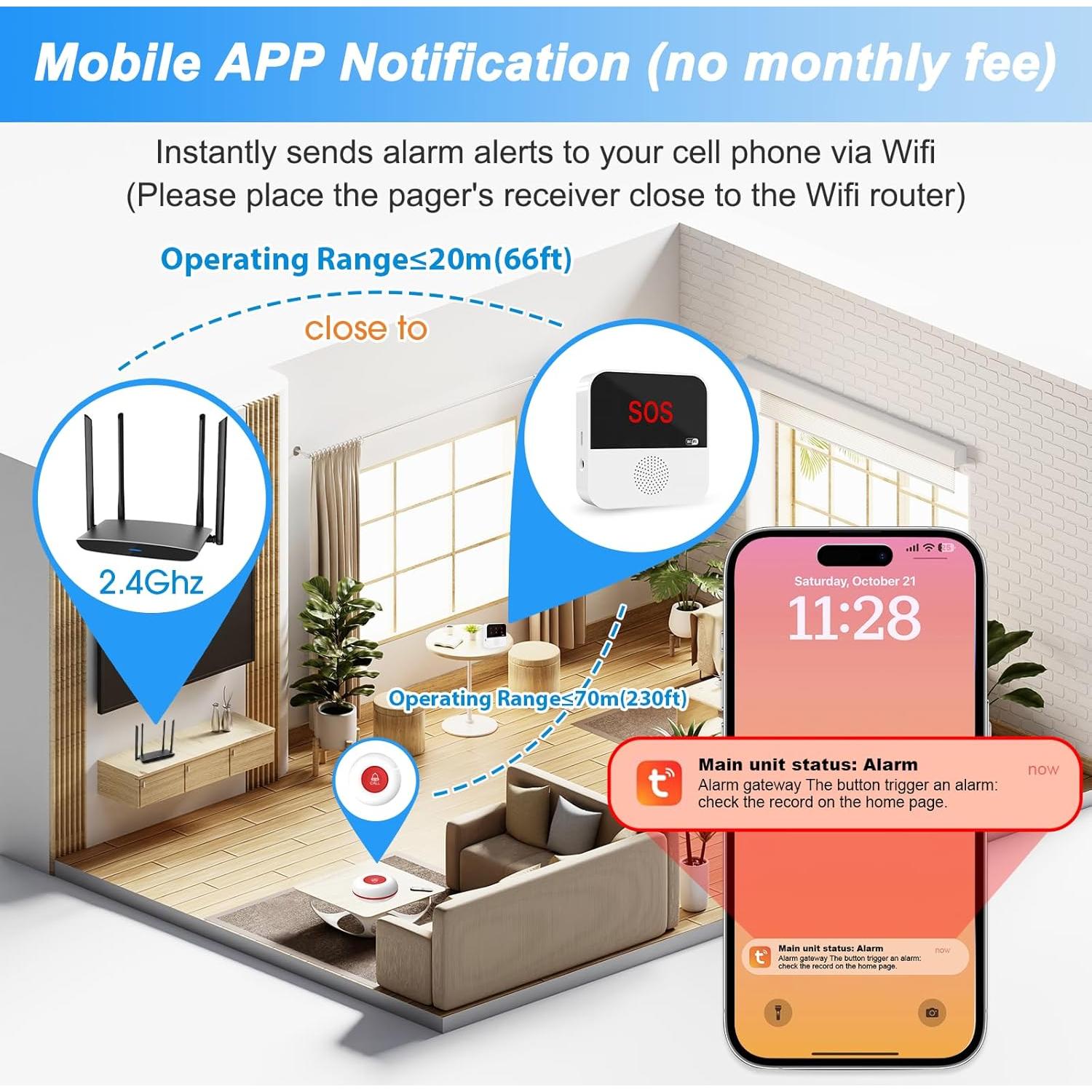 Sistema de Alerta SanJie WiFi Recargable con 2 Botones y Reloj