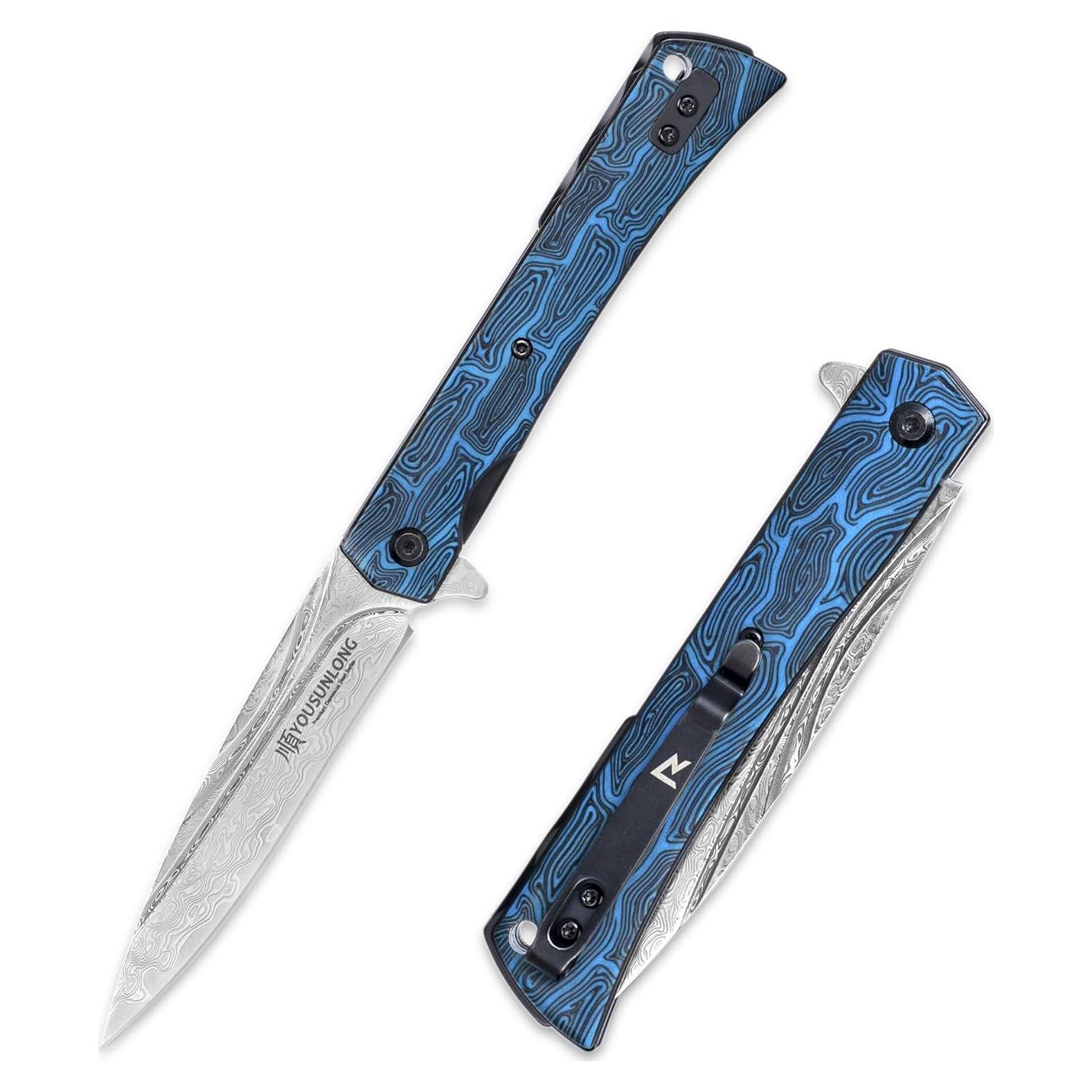 Cuchillo Plegable Damasco Martillado YOUSUNLONG 215mm Azul