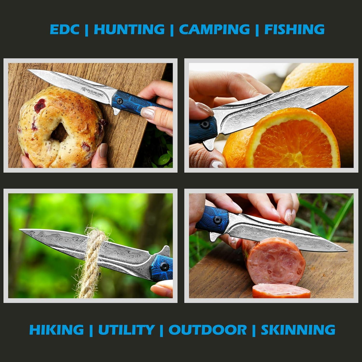 Cuchillo Plegable Damasco Martillado YOUSUNLONG 215mm Azul