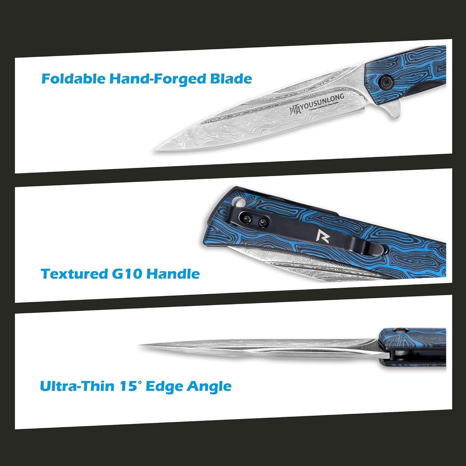 Cuchillo Plegable Damasco Martillado YOUSUNLONG 215mm Azul