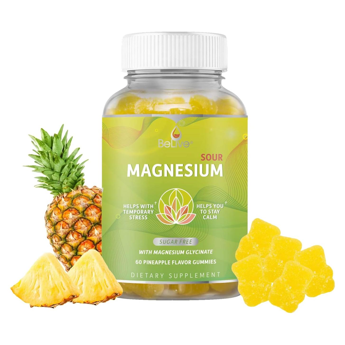 BeLive Magnesium Gummies 200mg - 60 Ct | Magnesium Glycinate Supplements for Relaxation, Stress Relief, and Sleep for Adults & Kids - Tasty and Tangy Pineapple Flavor