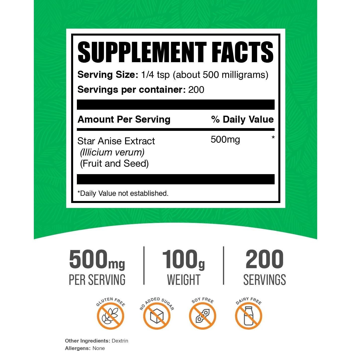 Polvo de Extracto de Anís Estrellado BulkSupplements 100g - Suplemento Herbal Sin Gluten
