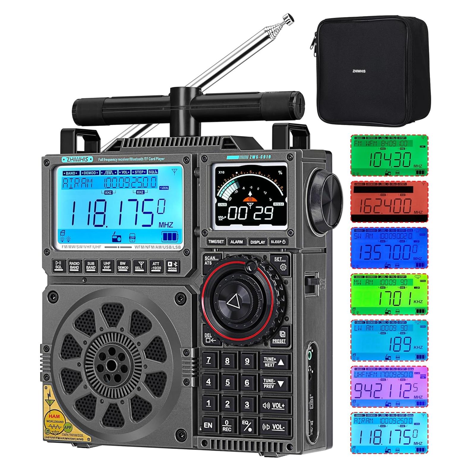 ZHIWHIS Shortwave Radio with SSB and Extra Antenna, AM FM CB LW AIR VHF UHF SW WB SSB Receiver, NOAA Weather/Antenna Tuner/APP Control/Bluetooth/20W Speaker/1600 Presets/Rechargeable Radios ZWS-C919