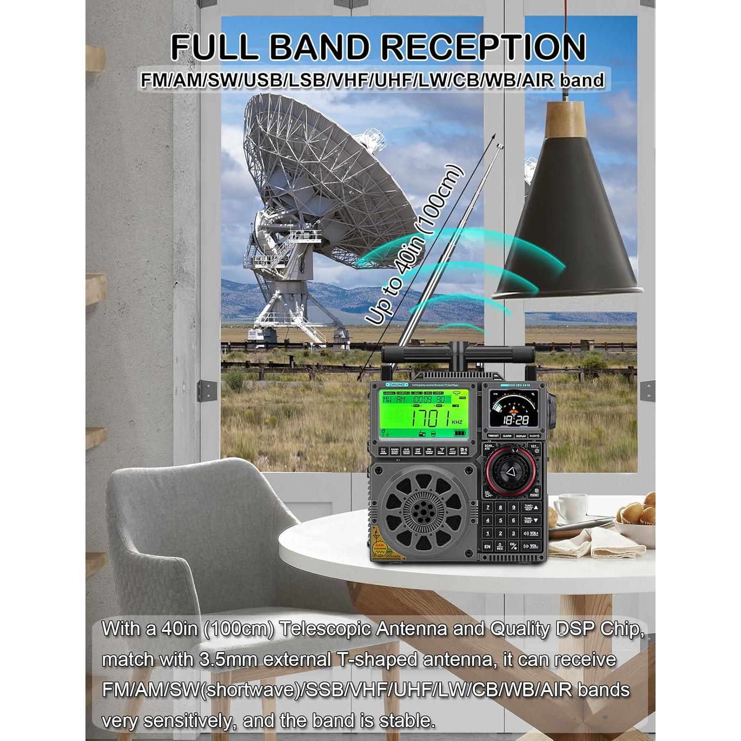 ZHIWHIS Shortwave Radio with SSB and Extra Antenna, AM FM CB LW AIR VHF UHF SW WB SSB Receiver, NOAA Weather/Antenna Tuner/APP Control/Bluetooth/20W Speaker/1600 Presets/Rechargeable Radios ZWS-C919