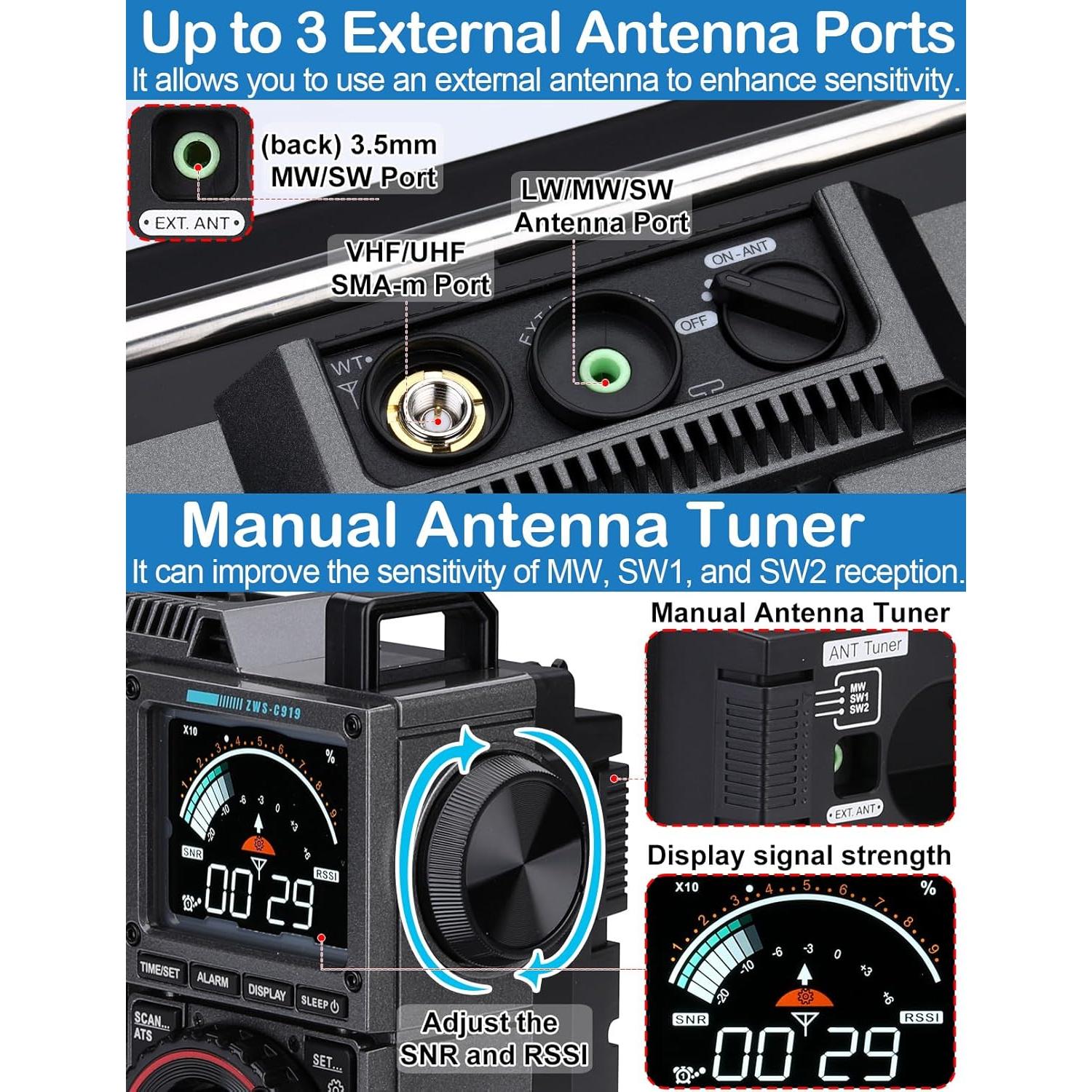 ZHIWHIS Shortwave Radio with SSB and Extra Antenna, AM FM CB LW AIR VHF UHF SW WB SSB Receiver, NOAA Weather/Antenna Tuner/APP Control/Bluetooth/20W Speaker/1600 Presets/Rechargeable Radios ZWS-C919