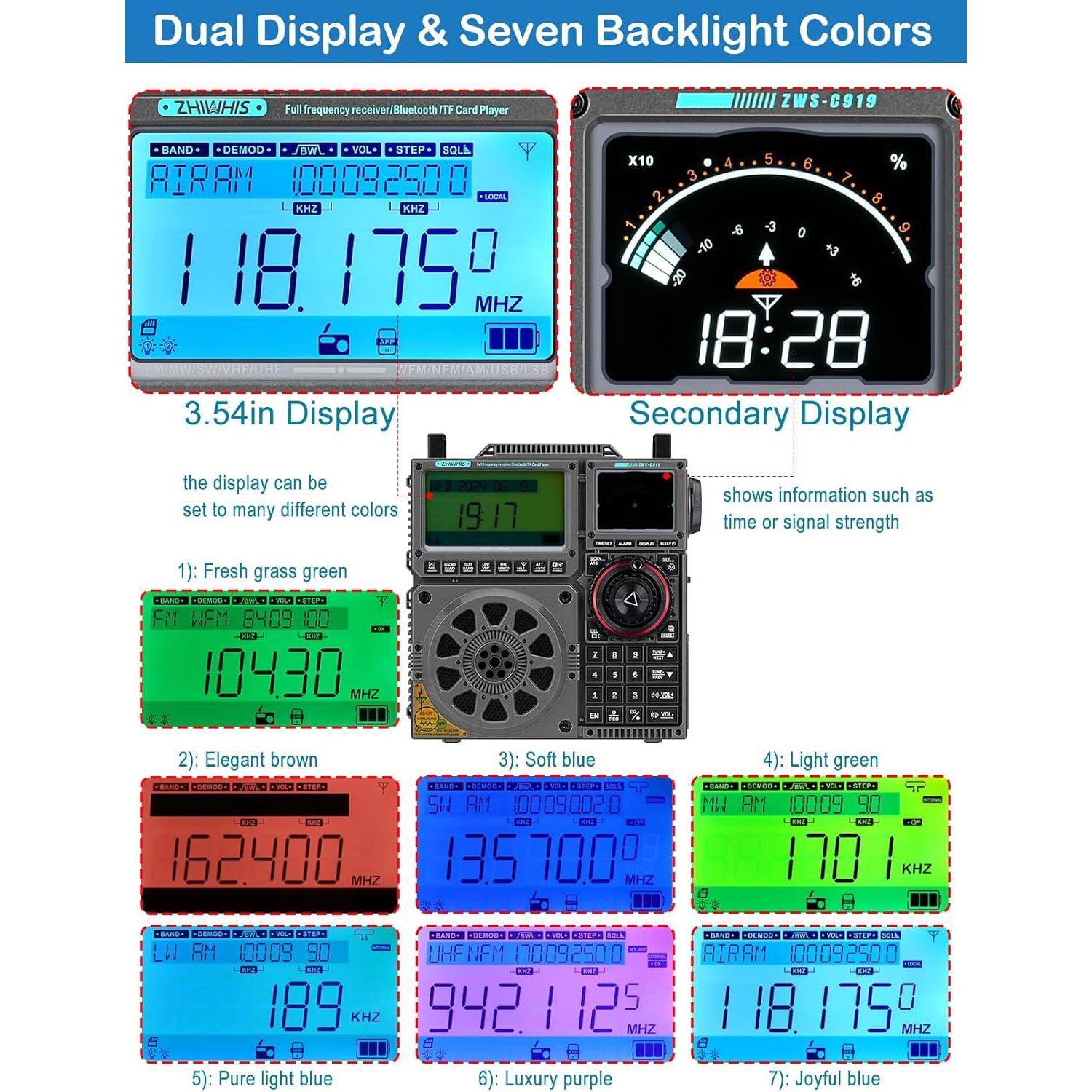 ZHIWHIS Shortwave Radio with SSB and Extra Antenna, AM FM CB LW AIR VHF UHF SW WB SSB Receiver, NOAA Weather/Antenna Tuner/APP Control/Bluetooth/20W Speaker/1600 Presets/Rechargeable Radios ZWS-C919