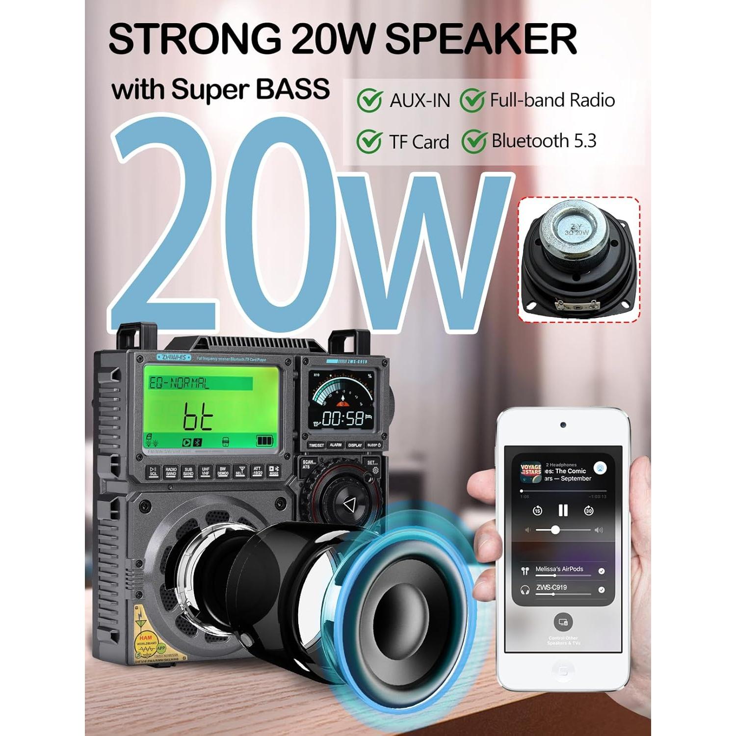 ZHIWHIS Shortwave Radio with SSB and Extra Antenna, AM FM CB LW AIR VHF UHF SW WB SSB Receiver, NOAA Weather/Antenna Tuner/APP Control/Bluetooth/20W Speaker/1600 Presets/Rechargeable Radios ZWS-C919