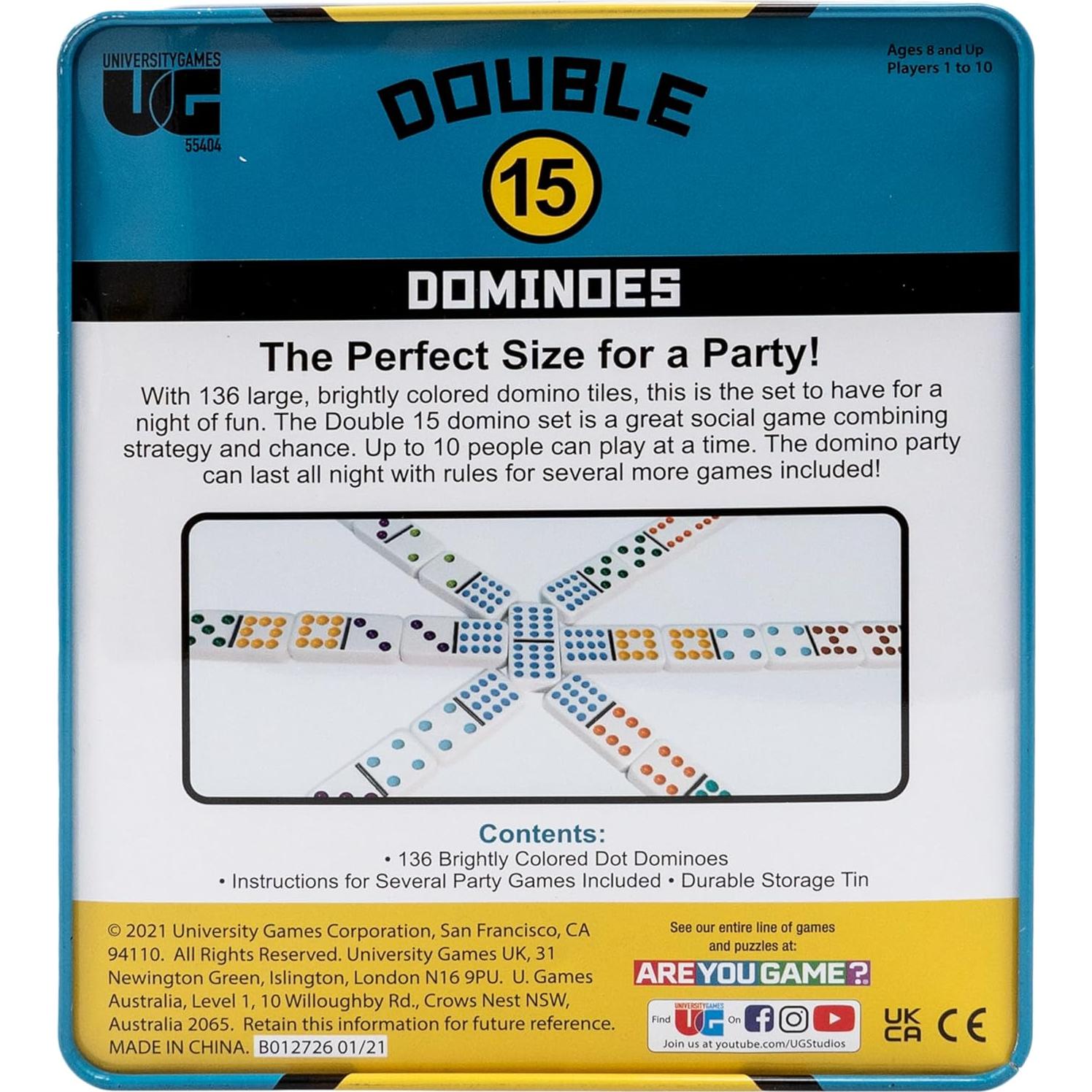 Juego de Dominó Doble 15 University Games - 132 Fichas Coloridas