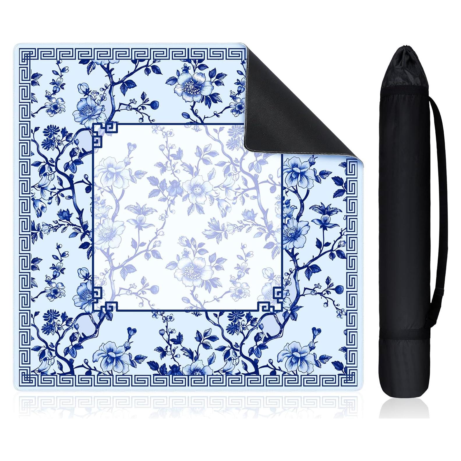 Mat de Mahjong Chinoiserie Azul y Blanco 55x55 cm con Bolsa