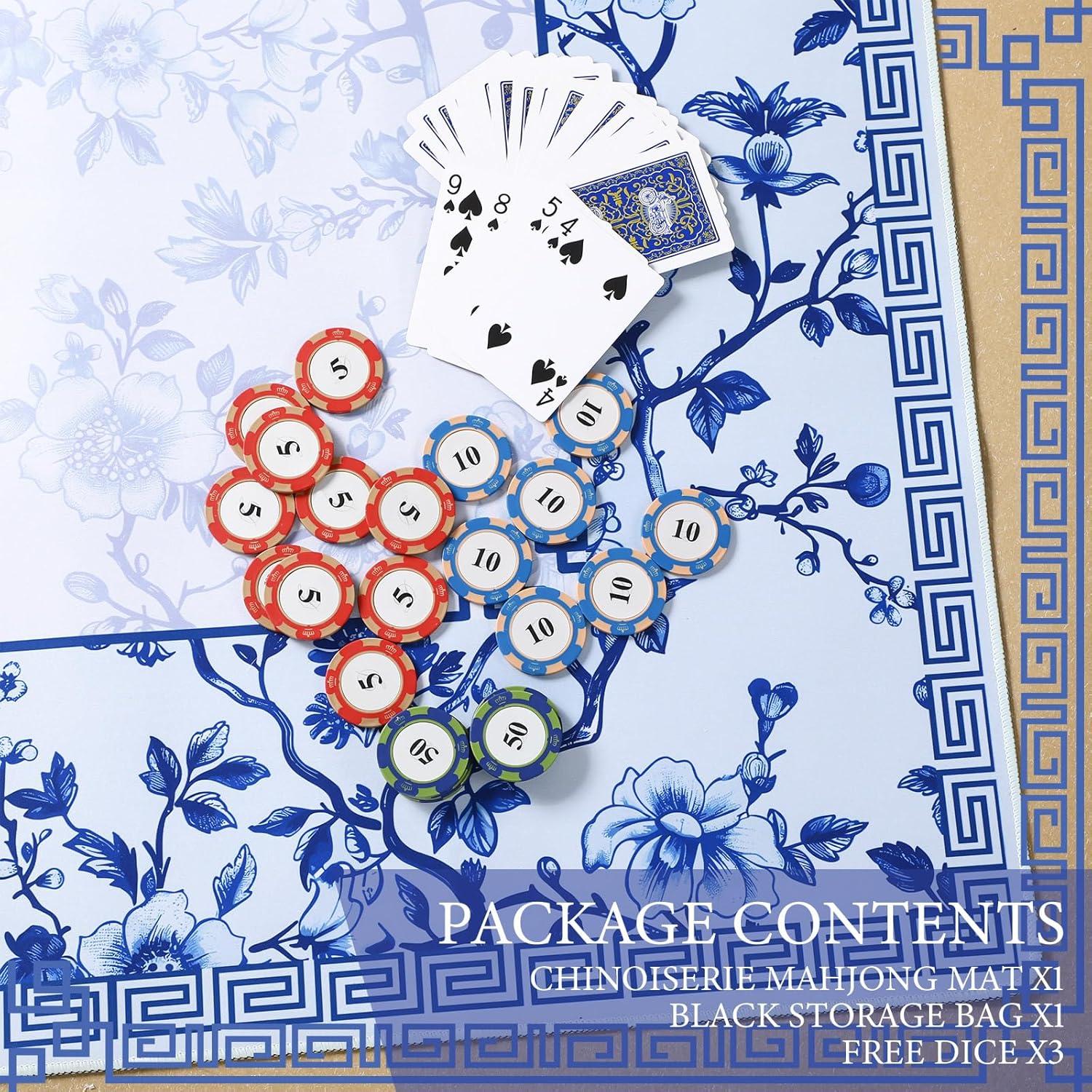 Mat de Mahjong Chinoiserie Azul y Blanco 55x55 cm con Bolsa