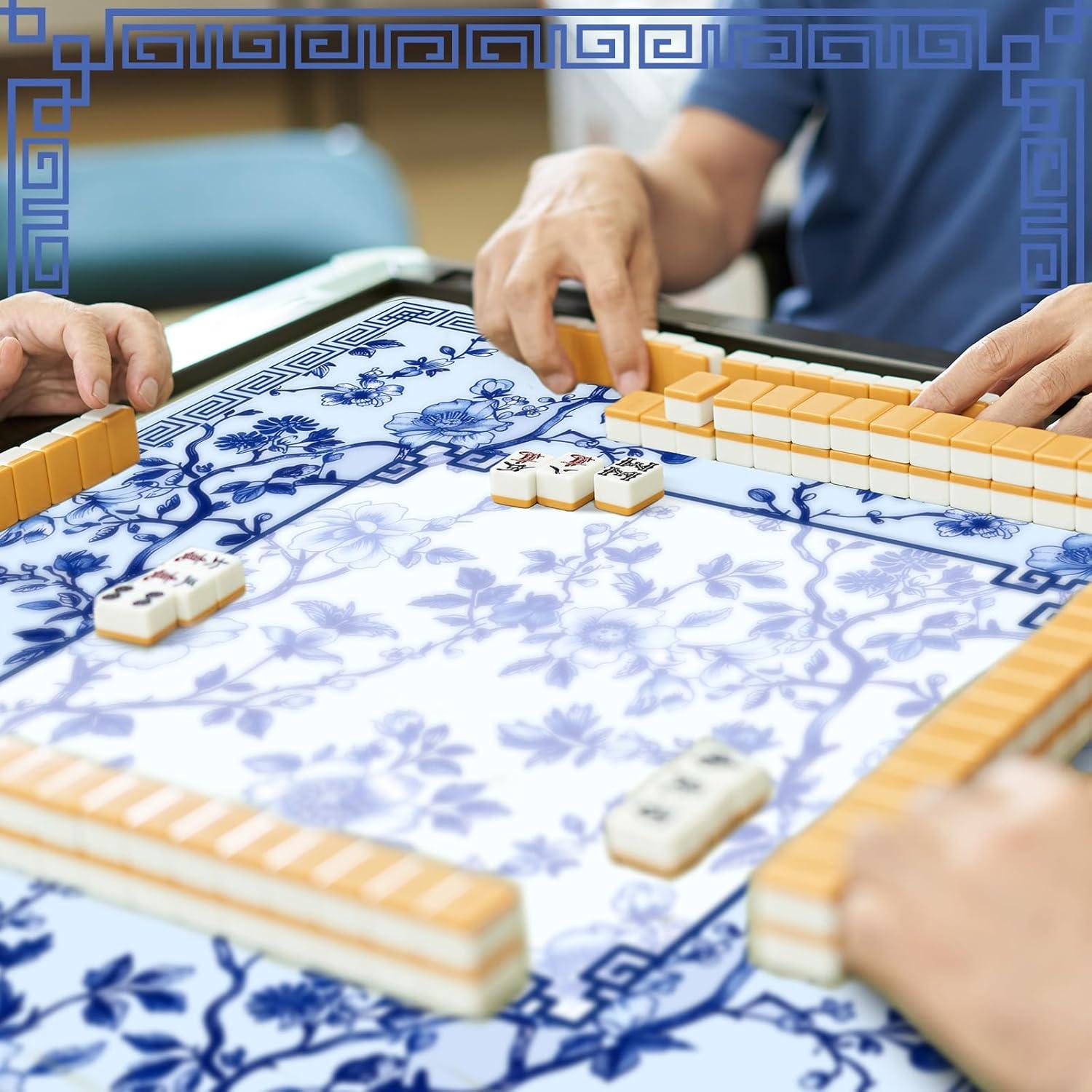 Mat de Mahjong Chinoiserie Azul y Blanco 55x55 cm con Bolsa