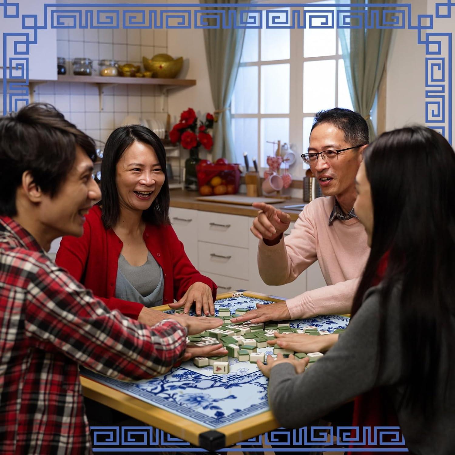Mat de Mahjong Chinoiserie Azul y Blanco 55x55 cm con Bolsa