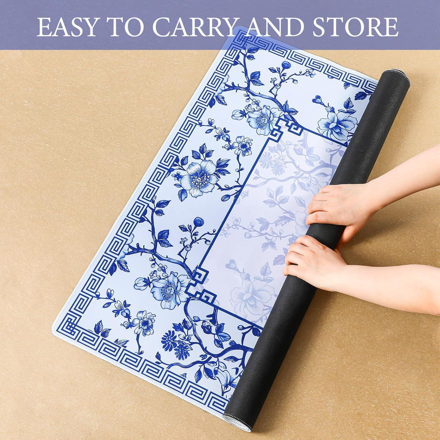 Mat de Mahjong Chinoiserie Azul y Blanco 55x55 cm con Bolsa