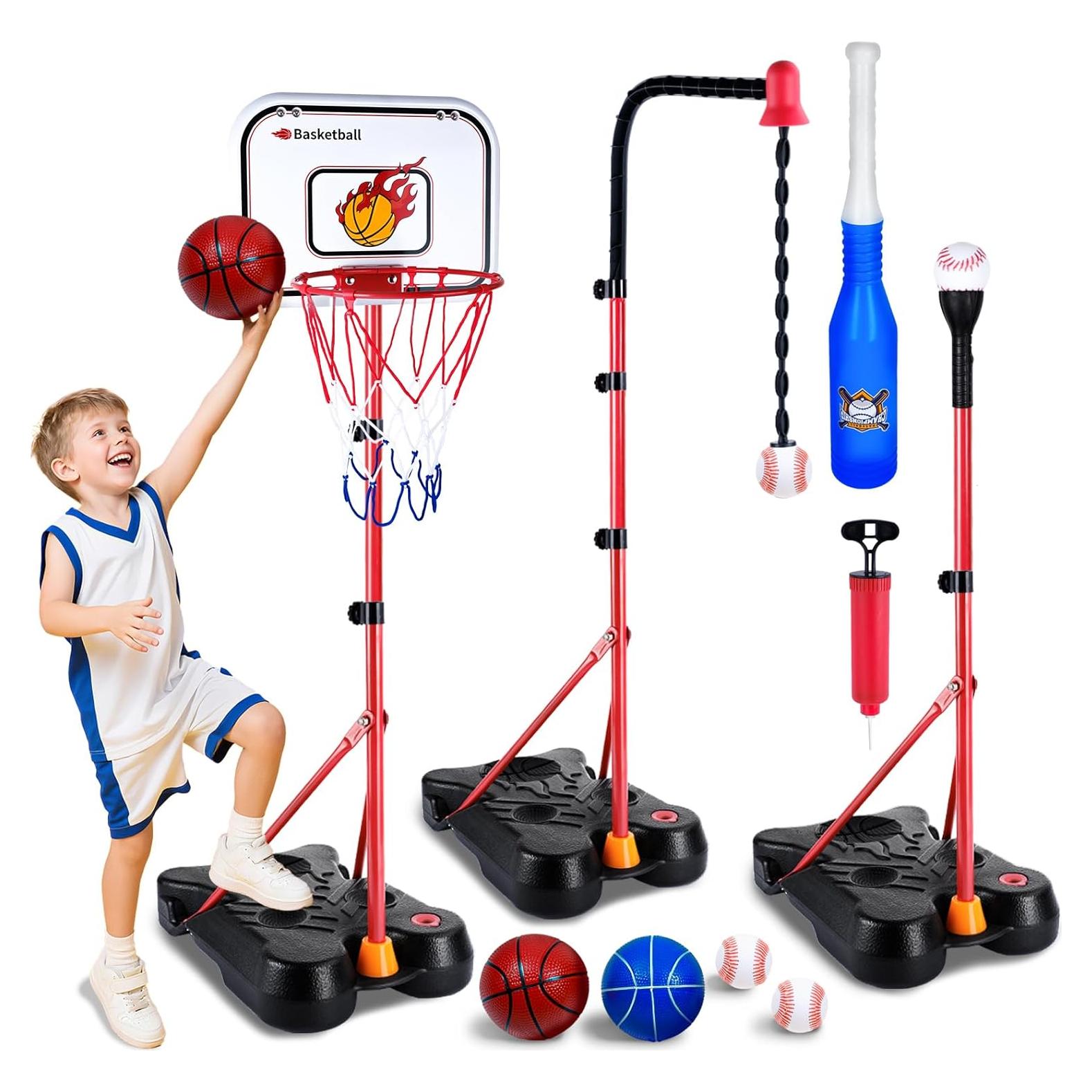 Juego 4 en 1 SIOTMERA Baloncesto y T-Ball Ajustable 3-8 Años