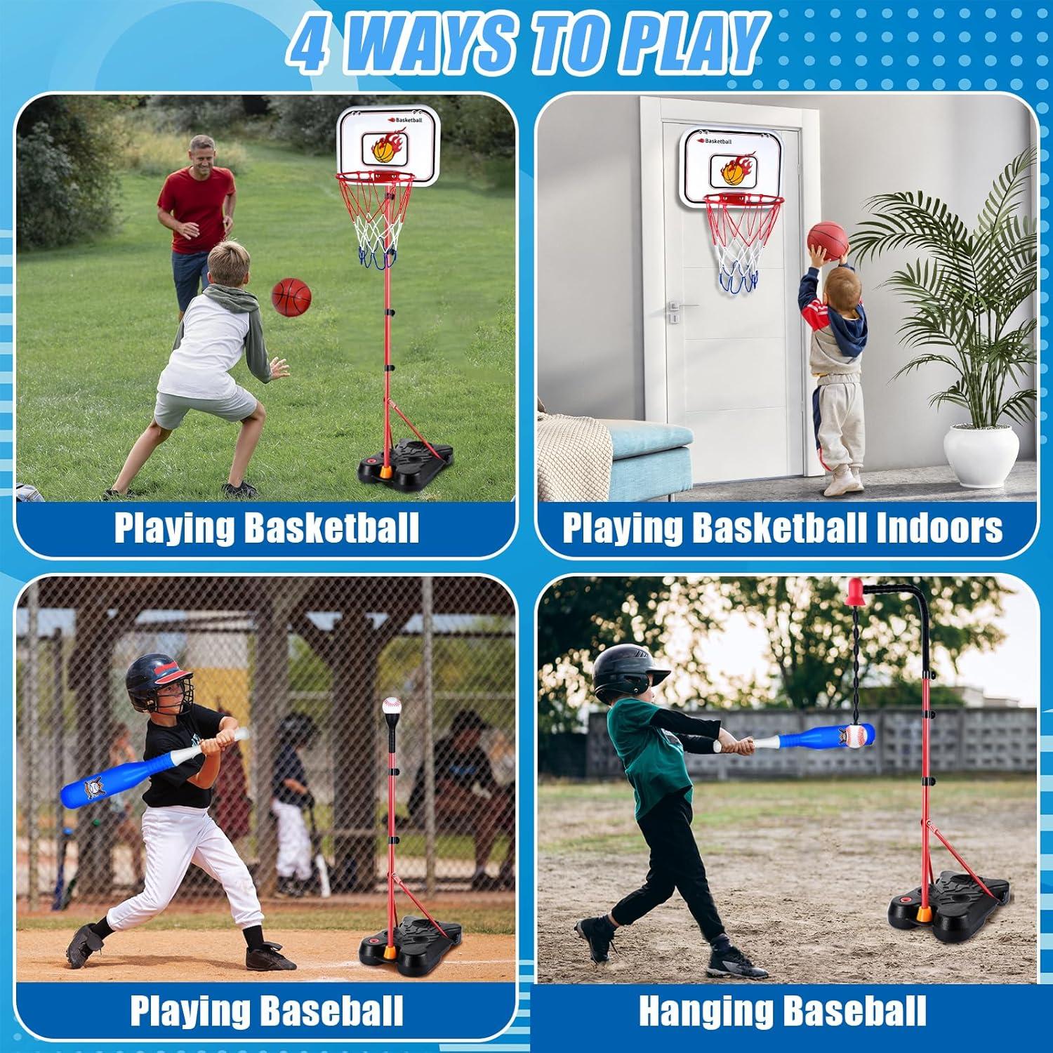 Juego 4 en 1 SIOTMERA Baloncesto y T-Ball Ajustable 3-8 Años