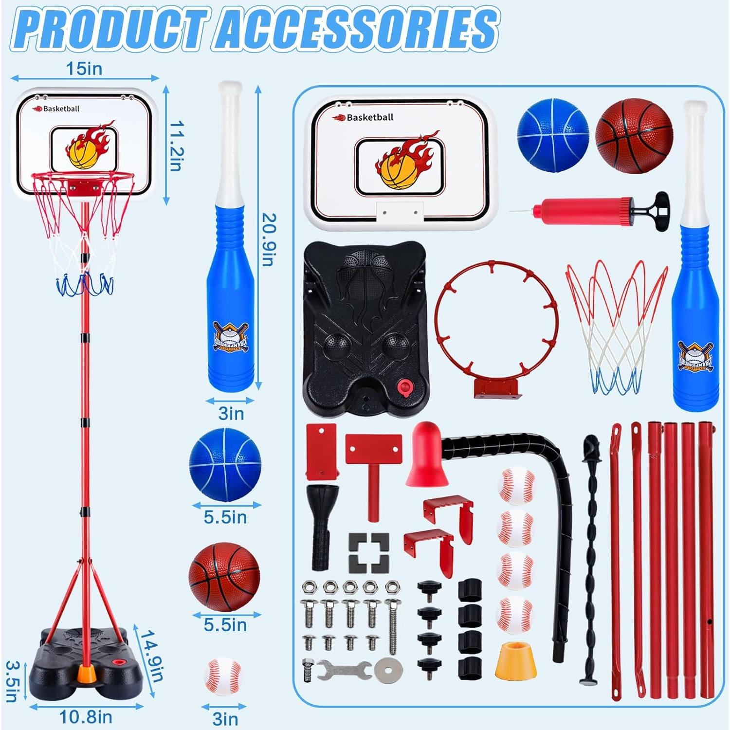 Juego 4 en 1 SIOTMERA Baloncesto y T-Ball Ajustable 3-8 Años