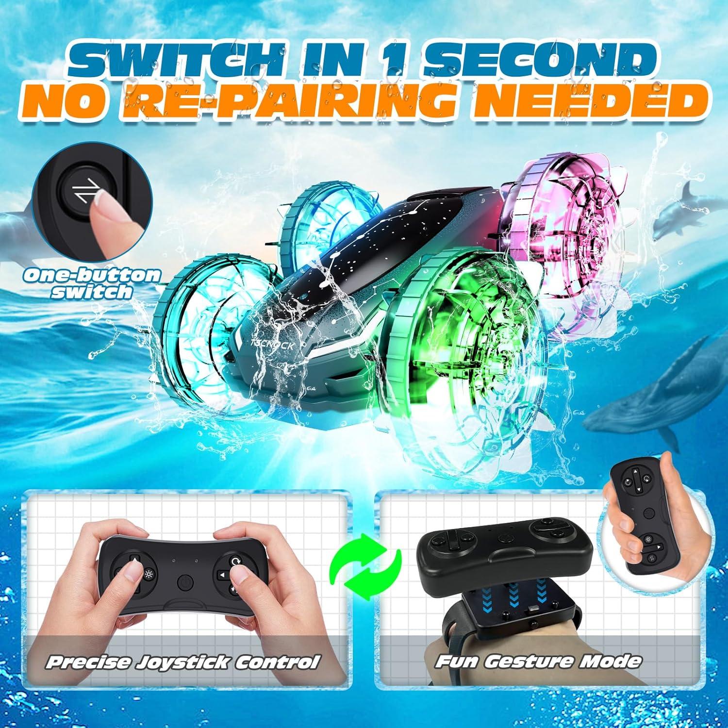 Coche Barco RC Anfibio Tecnock S8912A Verde 60 Min Carga Magnética