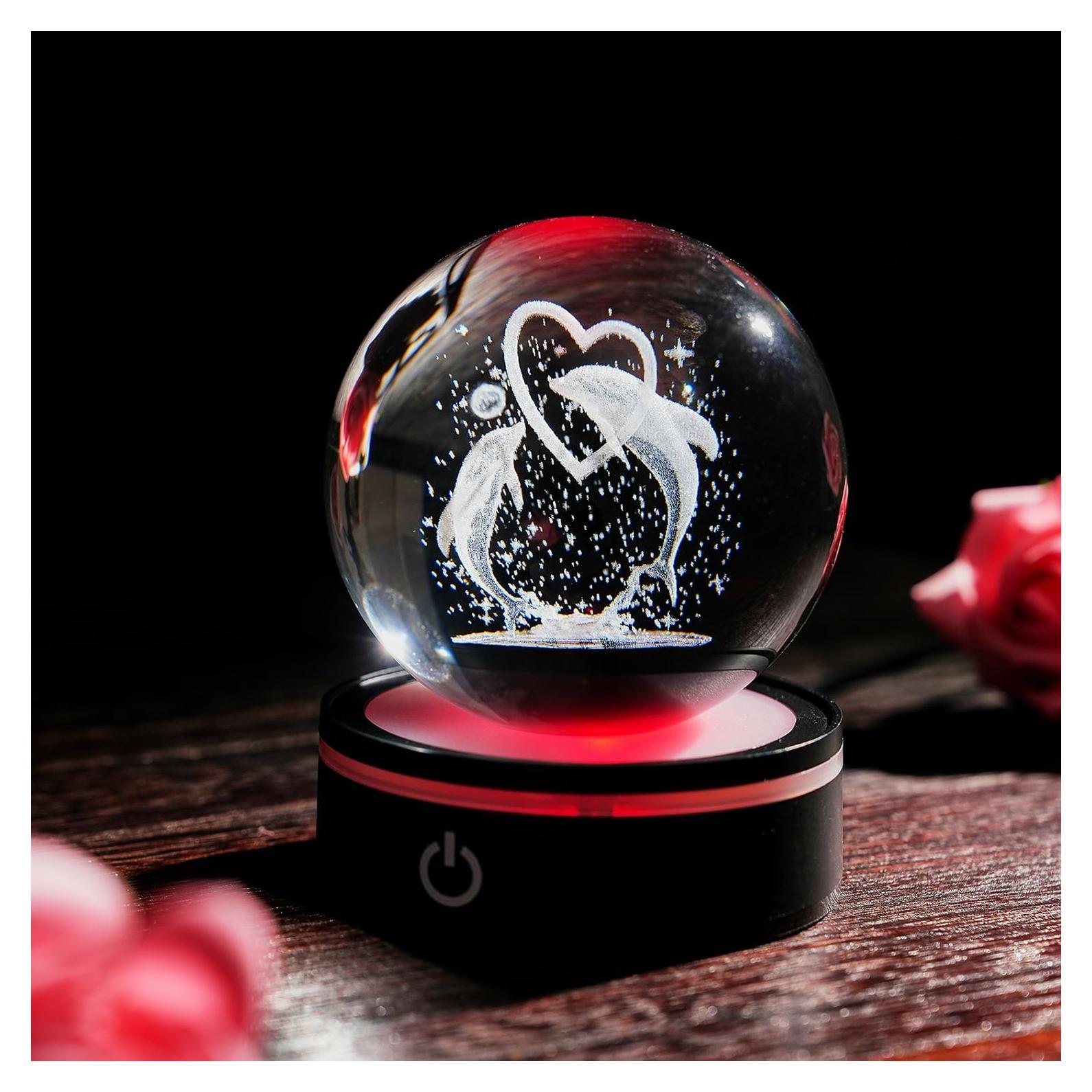 Esfera de Cristal 3D Delfín con Base LED 8cm - Decoración