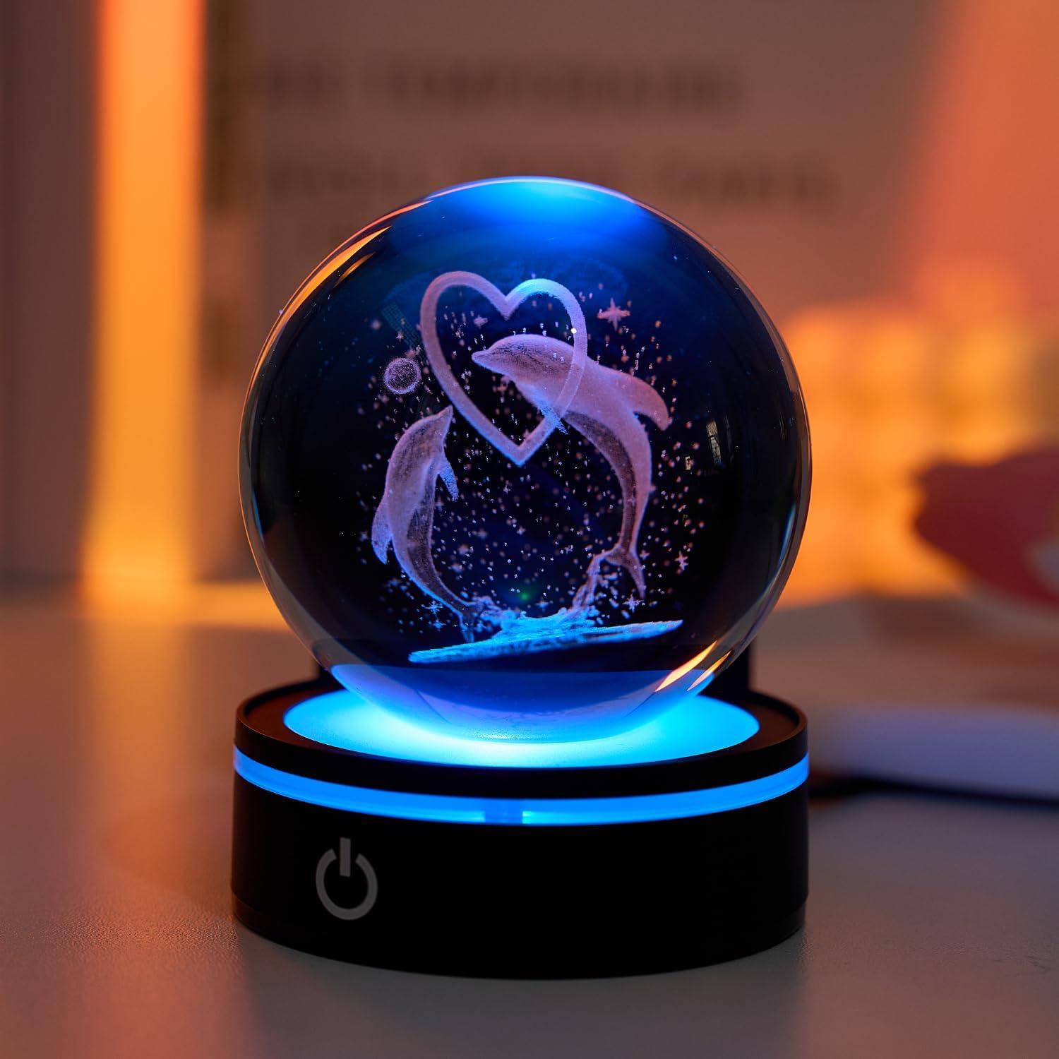 Esfera de Cristal 3D Delfín con Base LED 8cm - Decoración