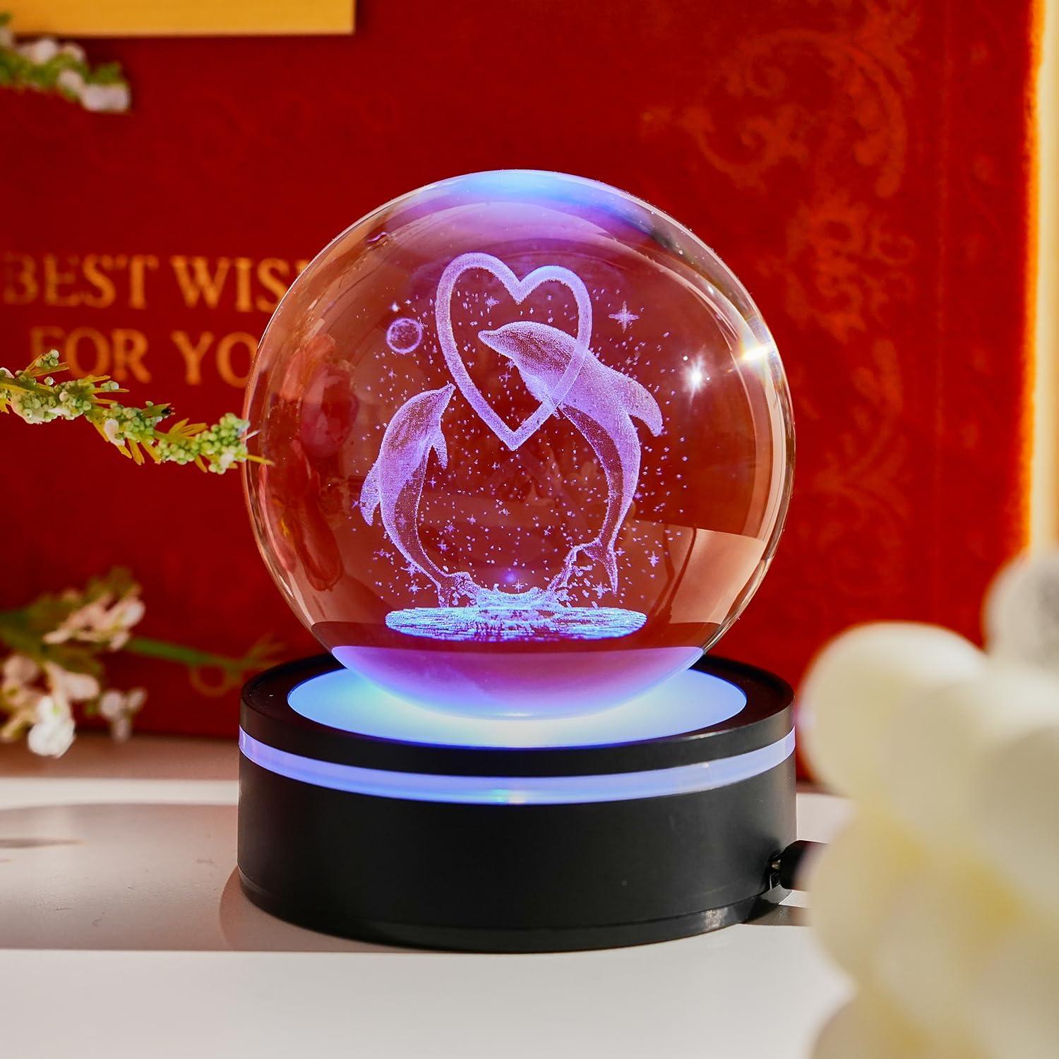 Esfera de Cristal 3D Delfín con Base LED 8cm - Decoración