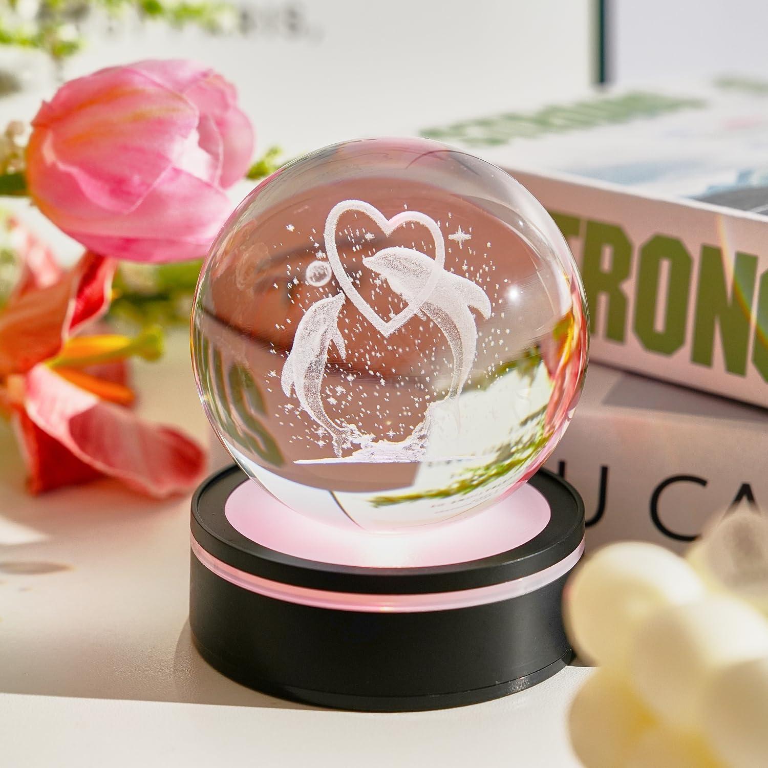 Esfera de Cristal 3D Delfín con Base LED 8cm - Decoración