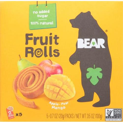 Yoyos de Fruta BEAR, Mango, 5 Rollos, Snack Saludable