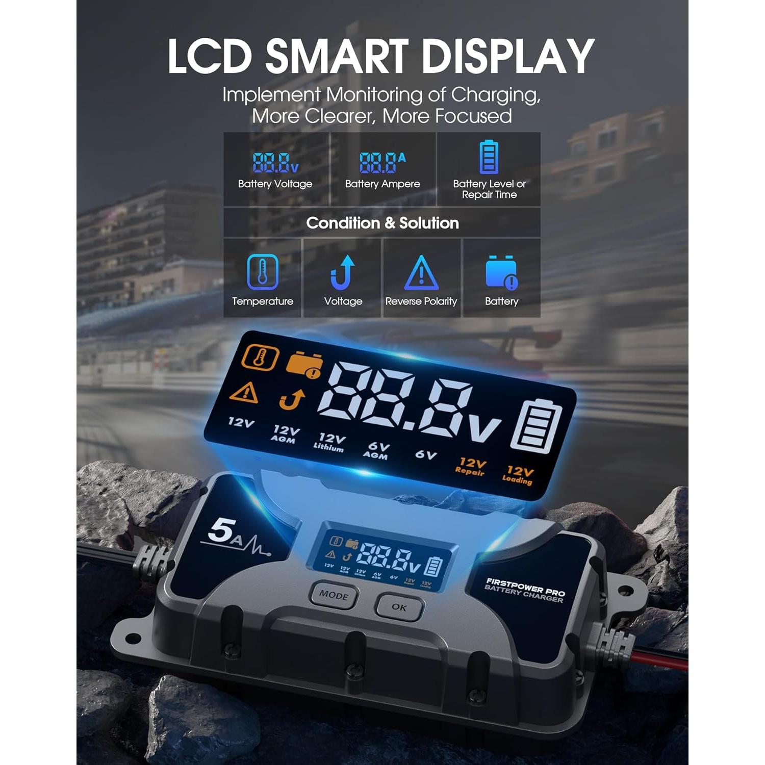 Cargador de Batería 5A FirstPower Pro 12V 6V con Pantalla LCD