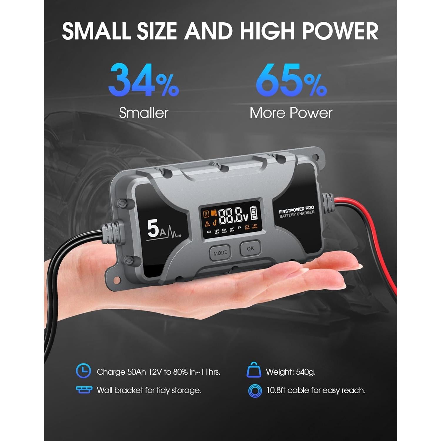 Cargador de Batería 5A FirstPower Pro 12V 6V con Pantalla LCD