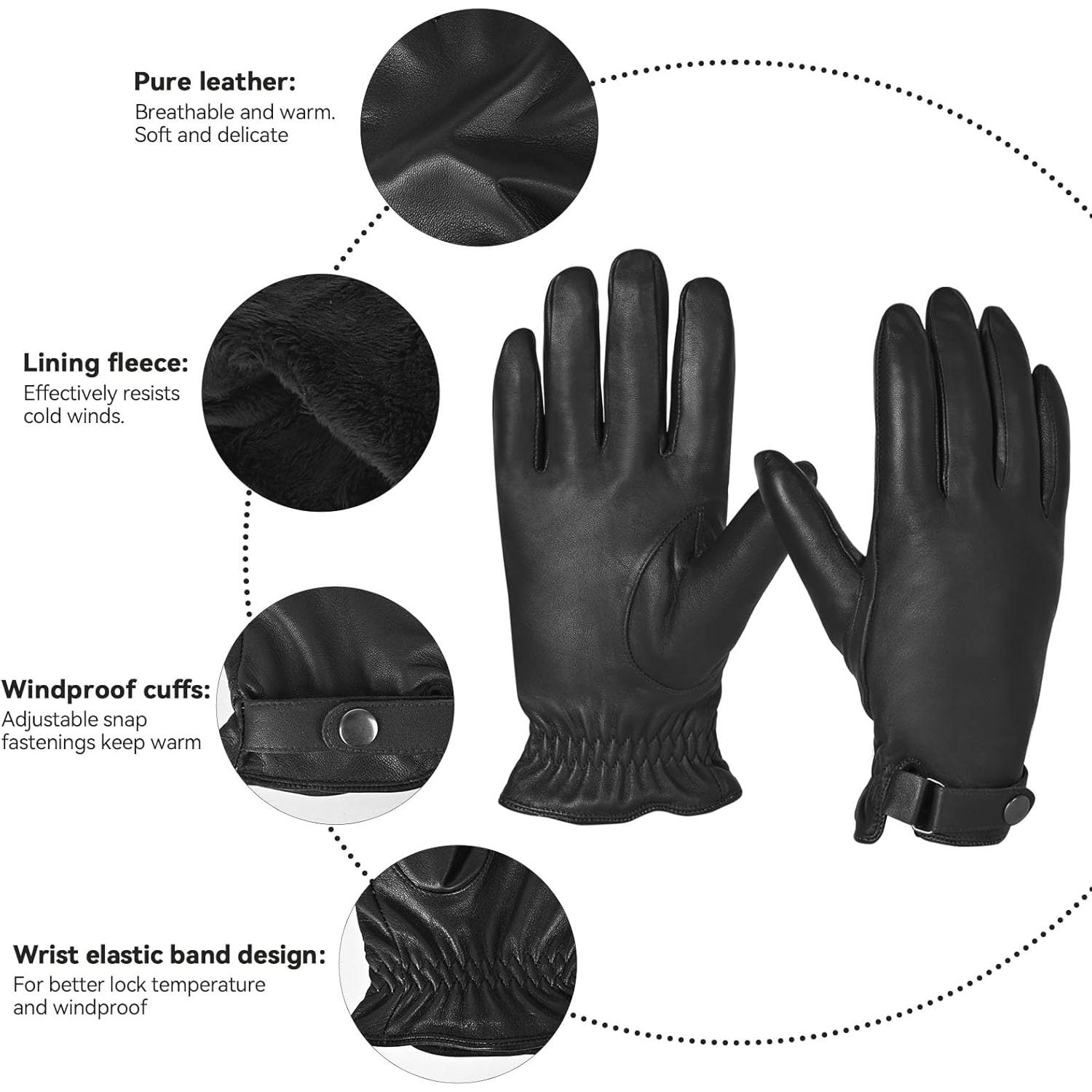 Guantes de cuero de oveja POONWEI para hombres - Forro polar cálido