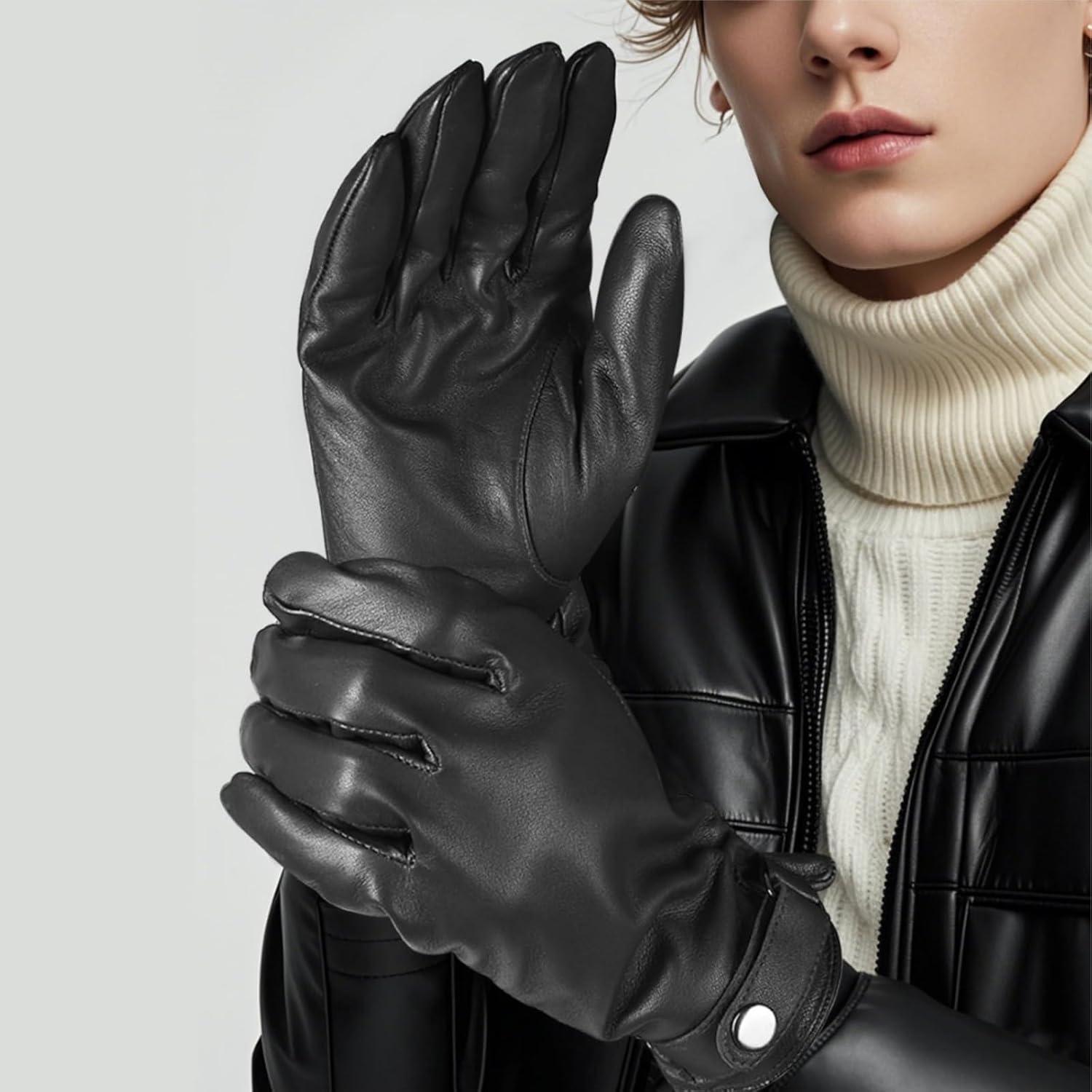 Guantes de cuero de oveja POONWEI para hombres - Forro polar cálido