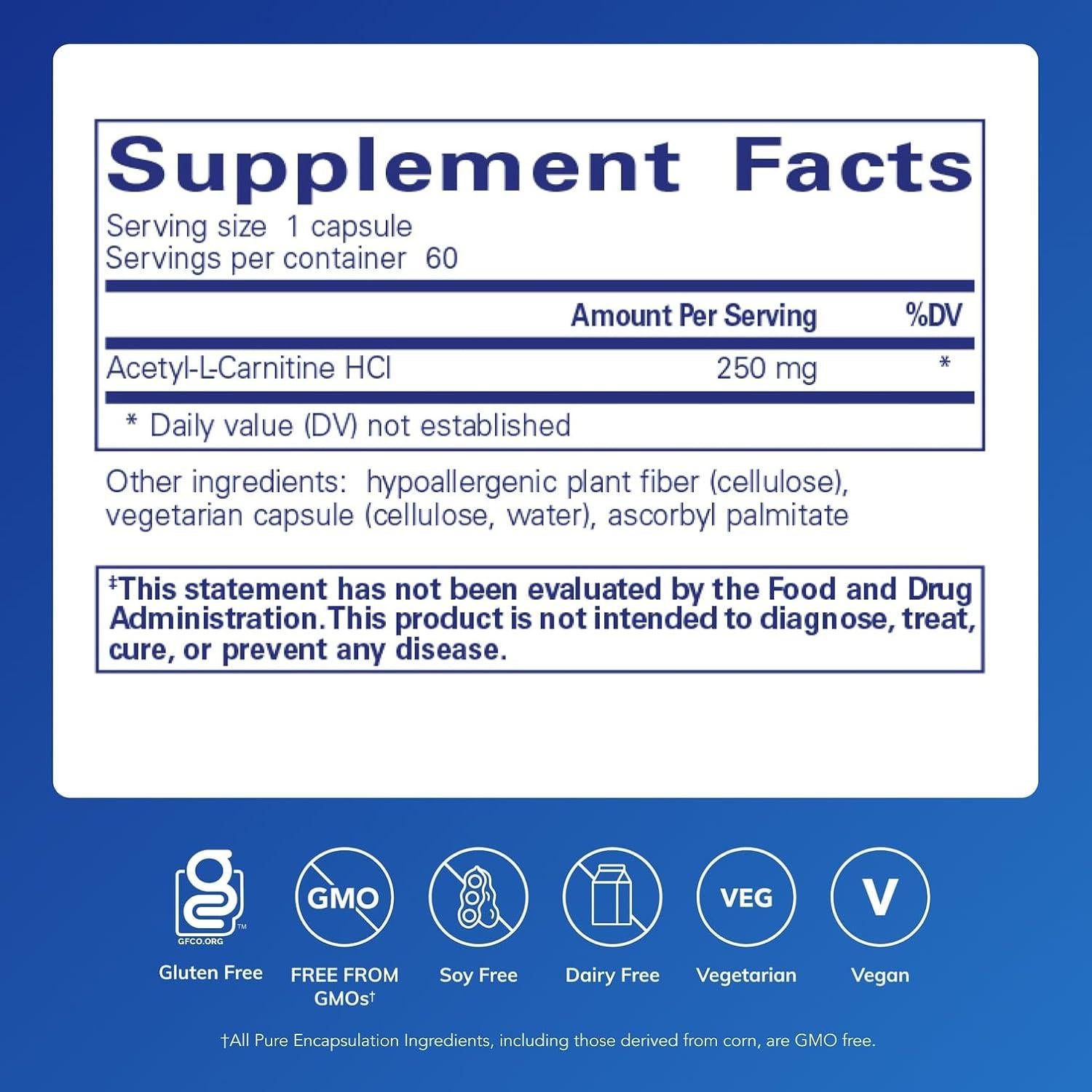 Suplemento Acetil-L-Carnitina 250 mg Pure Encapsulations - 60 Cápsulas