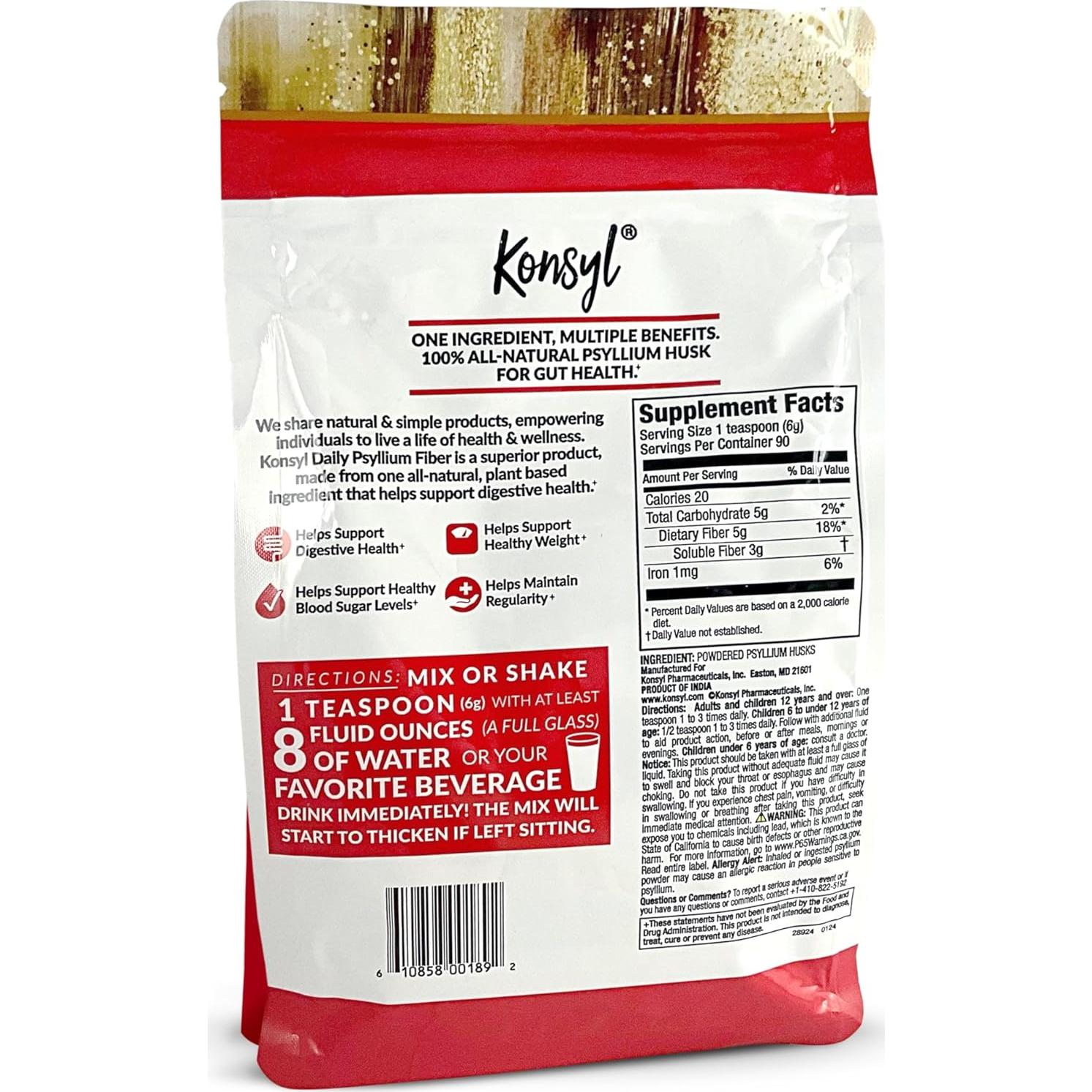 Konsyl Polvo de Fibra de Psyllium 540g | 100% Natural, Sin Azúcar