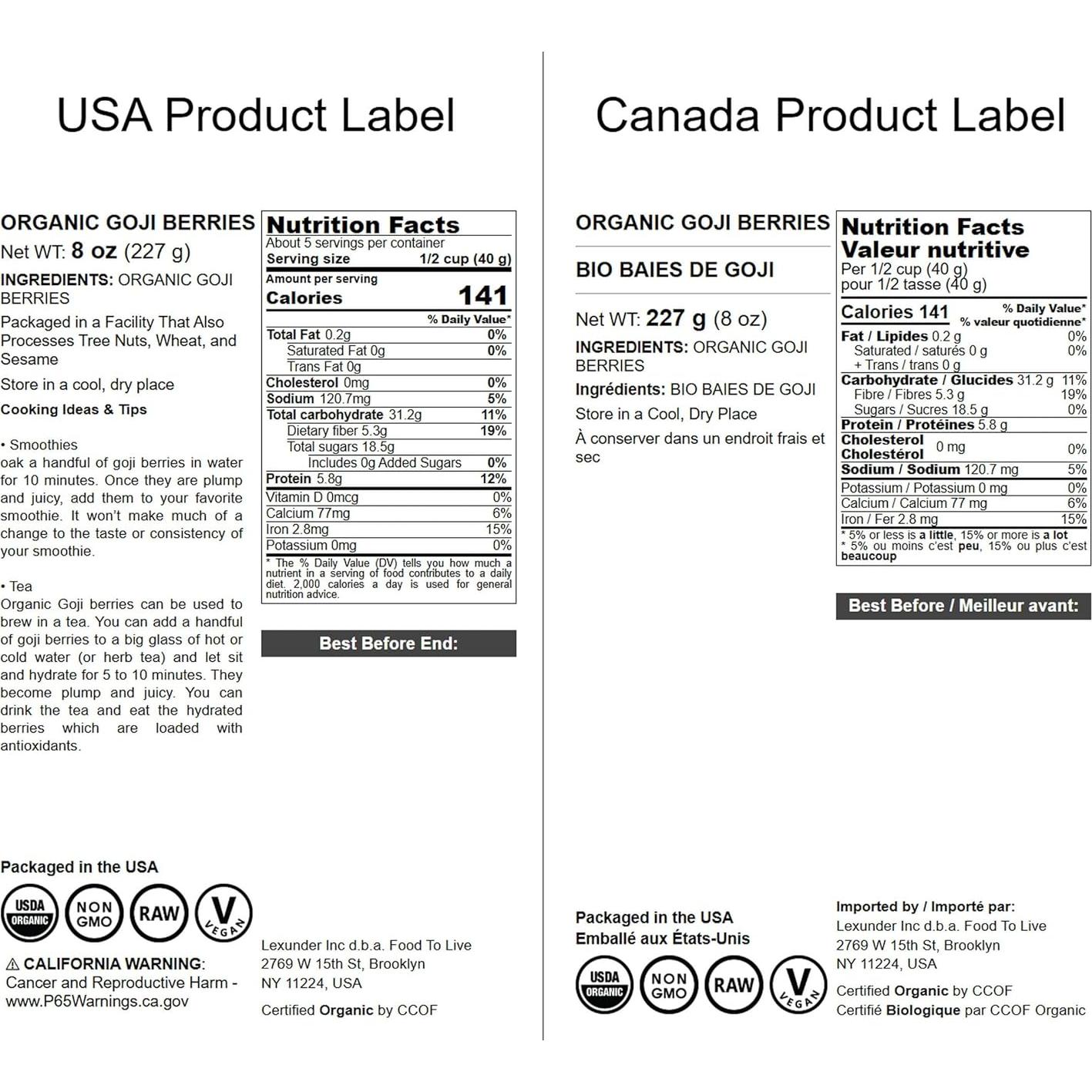 Berries de Goji Orgánicos Food to Live 226g - Secados al Sol