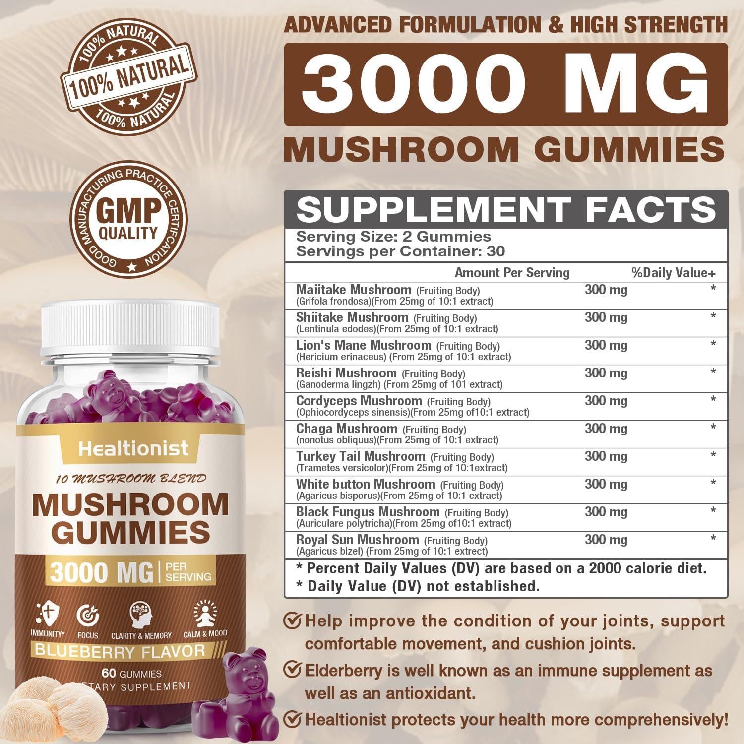 Gominolas de Hongos Healtionist 3000MG - 60ct Suplemento Energético