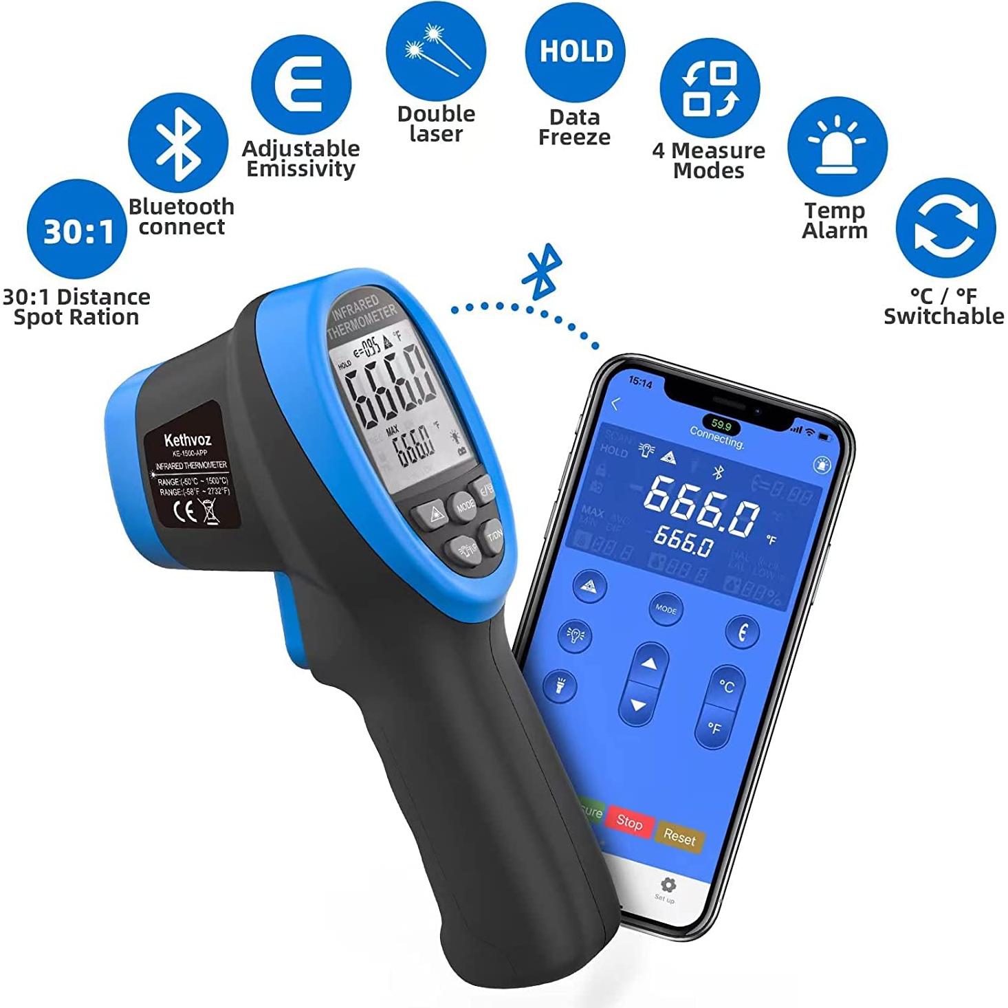Termómetro Infrarrojo Digital Kethvoz 1500APP -50°C a 1500°C