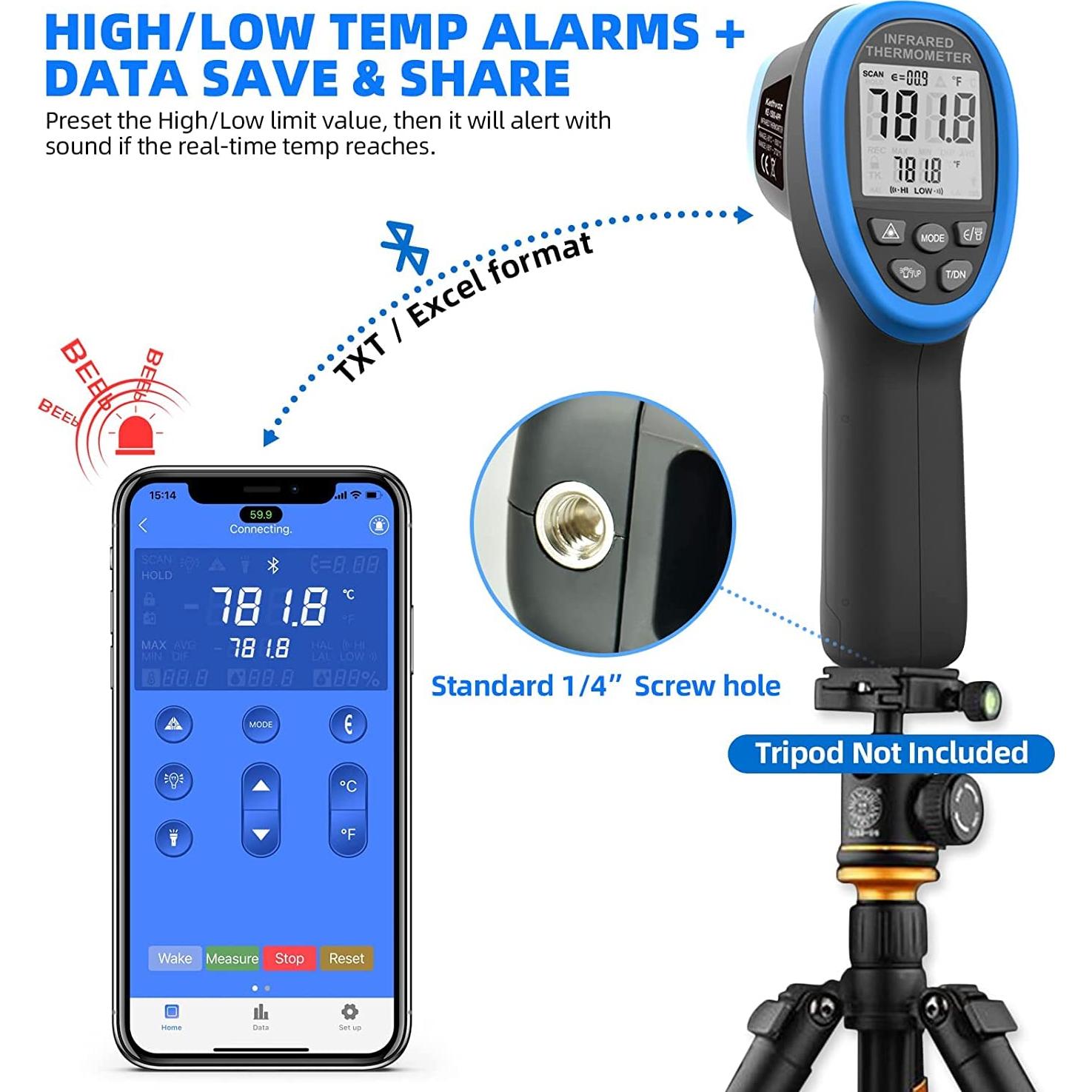 Termómetro Infrarrojo Digital Kethvoz 1500APP -50°C a 1500°C