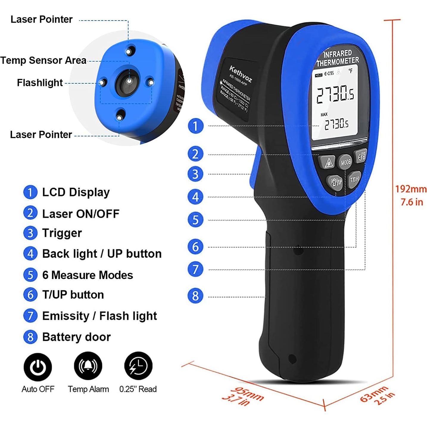 Termómetro Infrarrojo Digital Kethvoz 1500APP -50°C a 1500°C