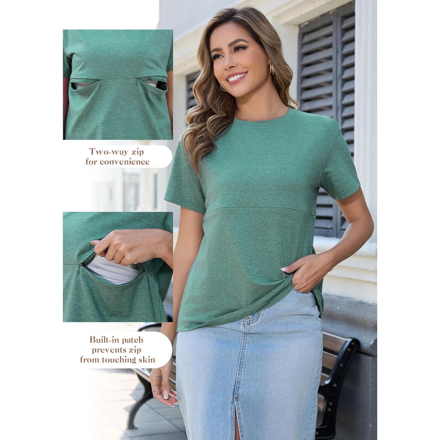 Camiseta de Lactancia Ecavus con Cremallera para Mujeres Verde