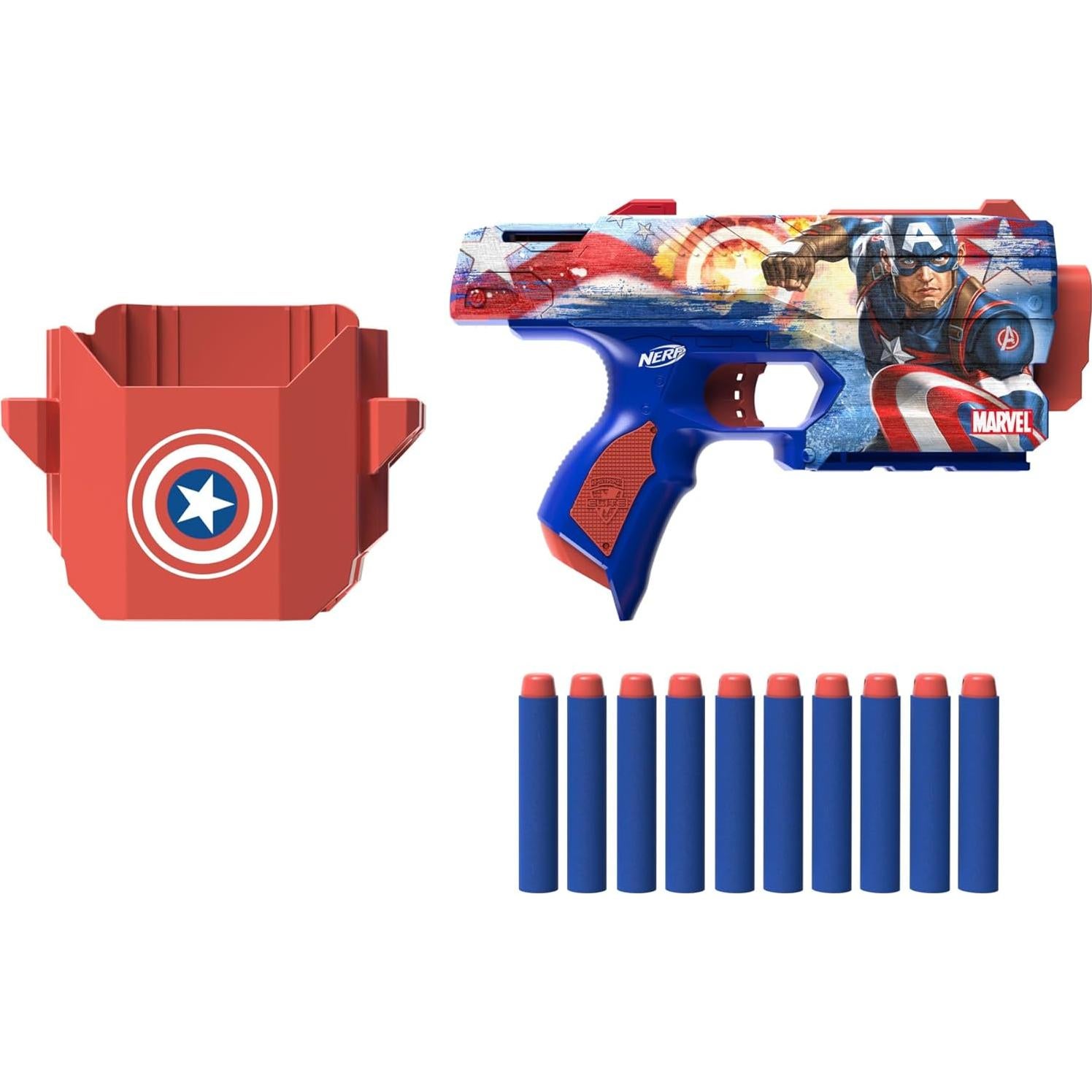 Blaster Nerf Marvel Capitán América con 10 Dardos Elite