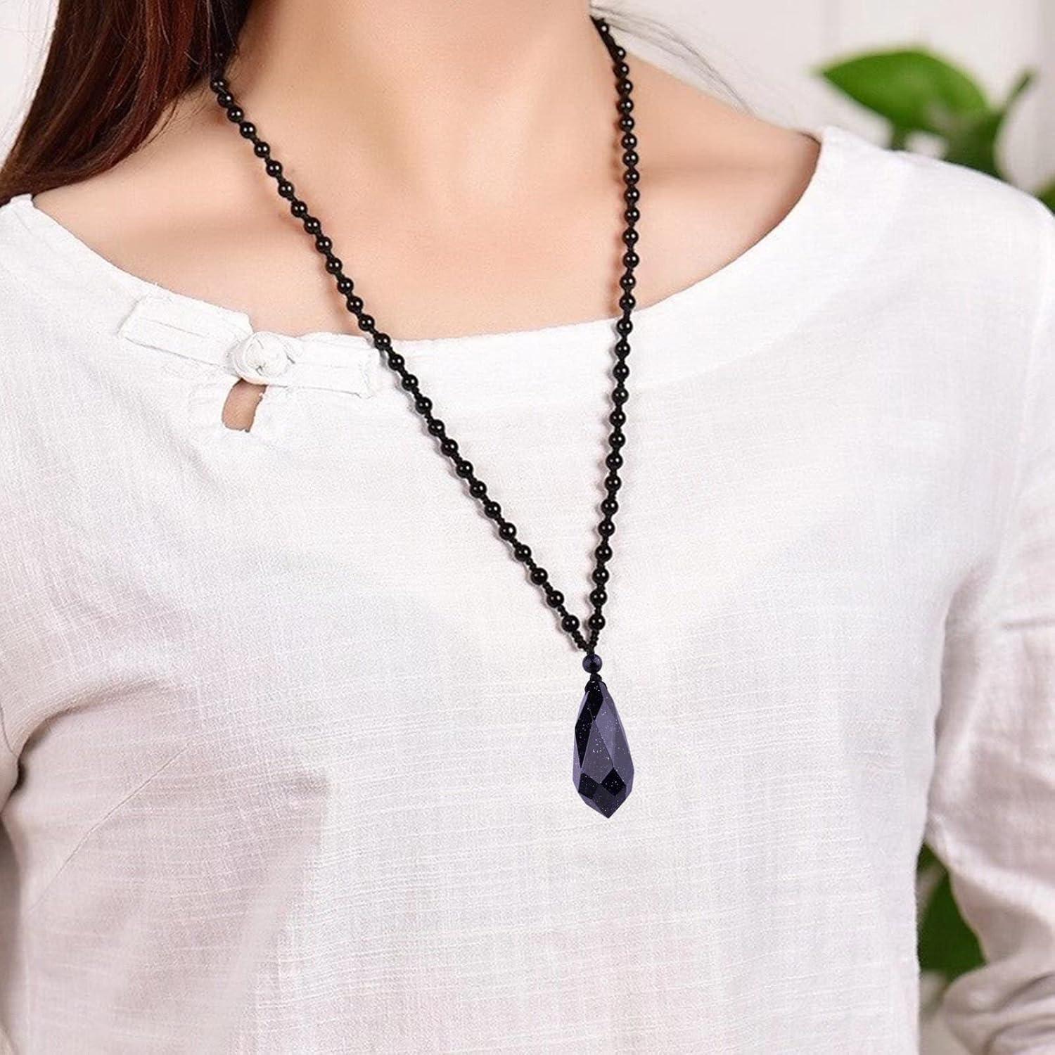 Collar Colgante de Arena Azul con Cadena de Perlas - Amuleto