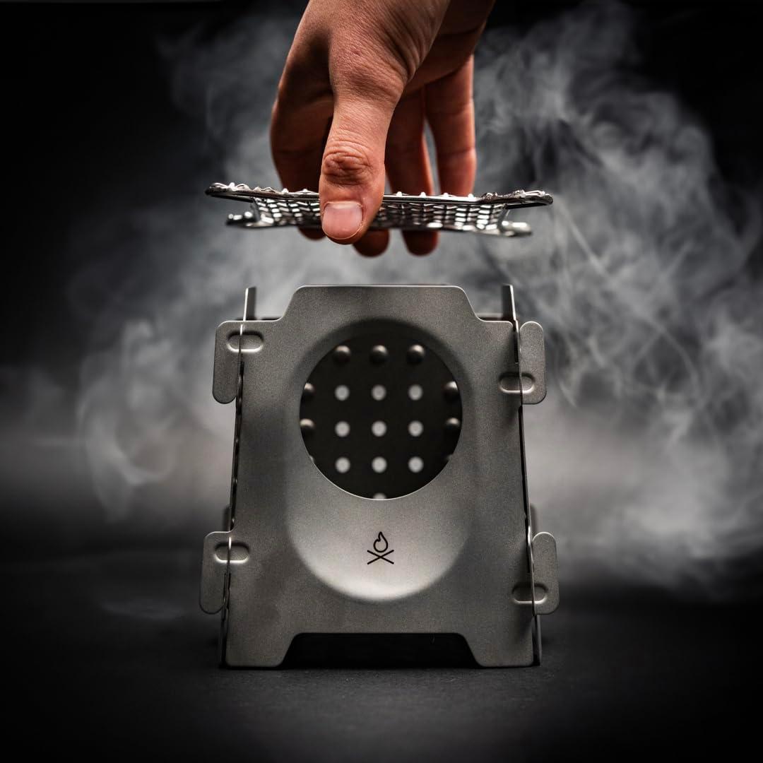 überleben Stöker Wood Burning Camp Stove - Stainless Steel Portable Wood Stove for Camping, Backpacking, & Hiking - 18oz Folding Camping Stove - Small Wood Stove Camping Essentials (Bead-Blasted)