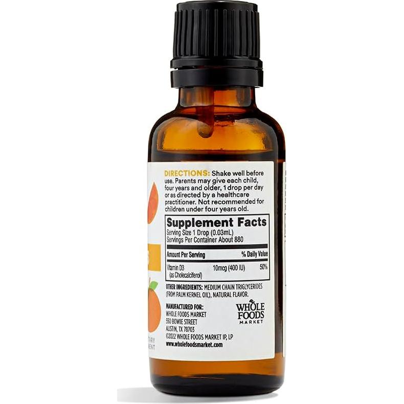 Vitamina D3 Líquida 400 IU 365 Whole Foods 29.57 ml Mandarina